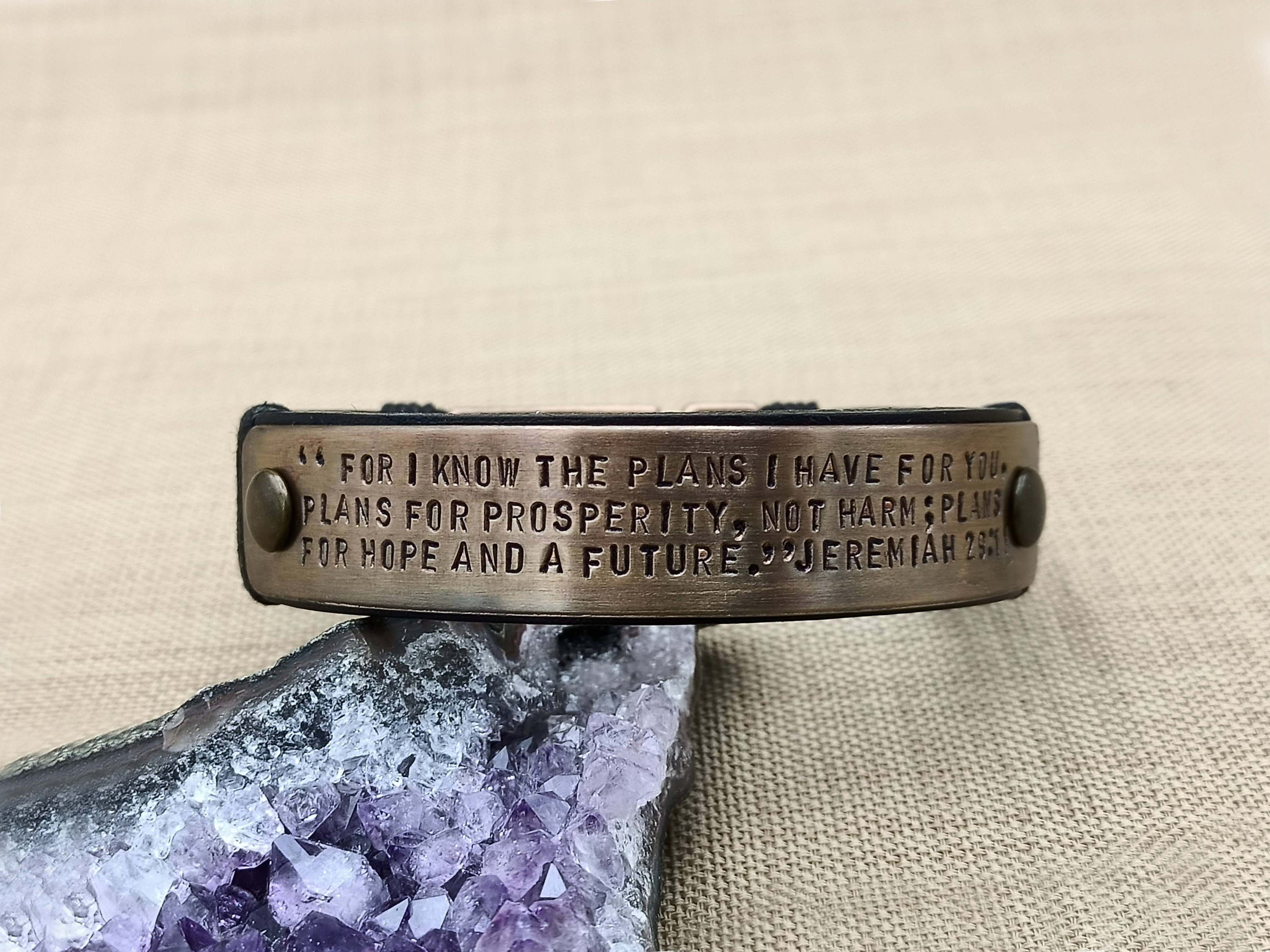 Christian Gift for Mens, Pick your Bible Verse Hand Stamped Copper Bracelet, Leather Scripture Cuff, Bible Quotes, Confirmation Gift