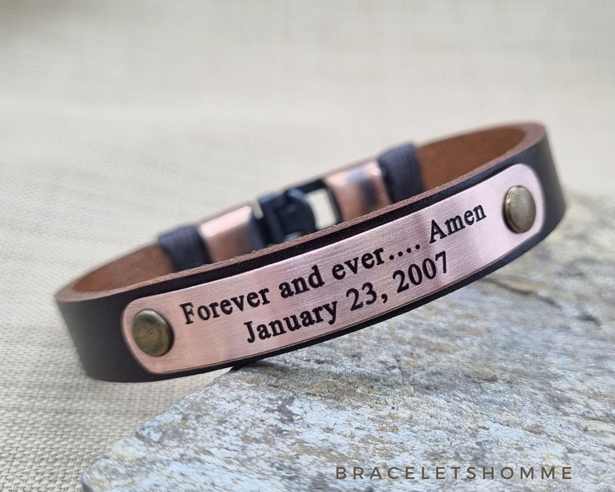 7th Anniversary Copper & Leather Bracelet | Personalized Deep Engraved Soundwave, Handwriting, Coordinates, Morse Code, or Text Message