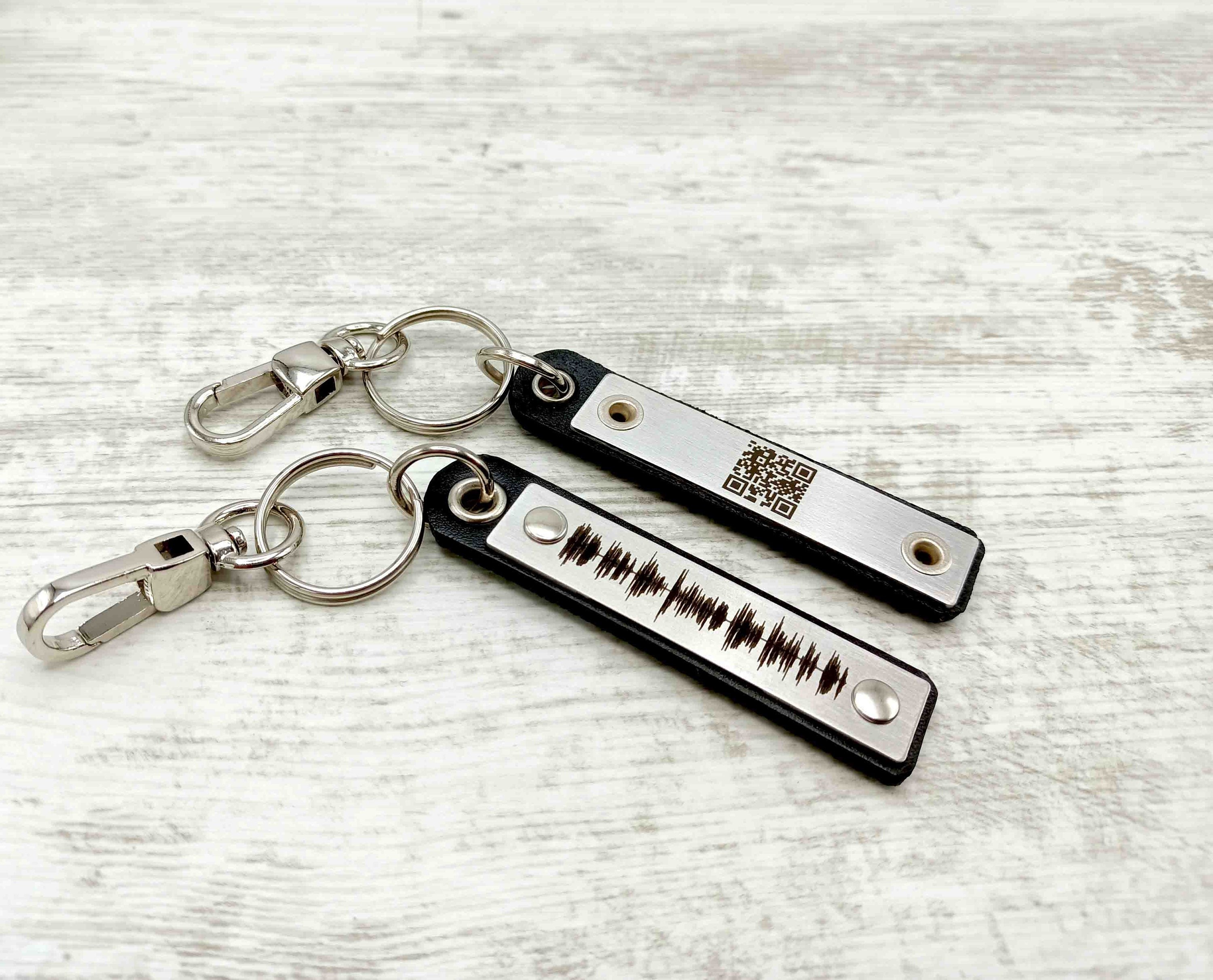 Custom Soundwave Leather Keychain Fathers Day Gift for Him, Engraved Soundwave with QR Code, Actual Voice Message, Heartbeat, Song Gift