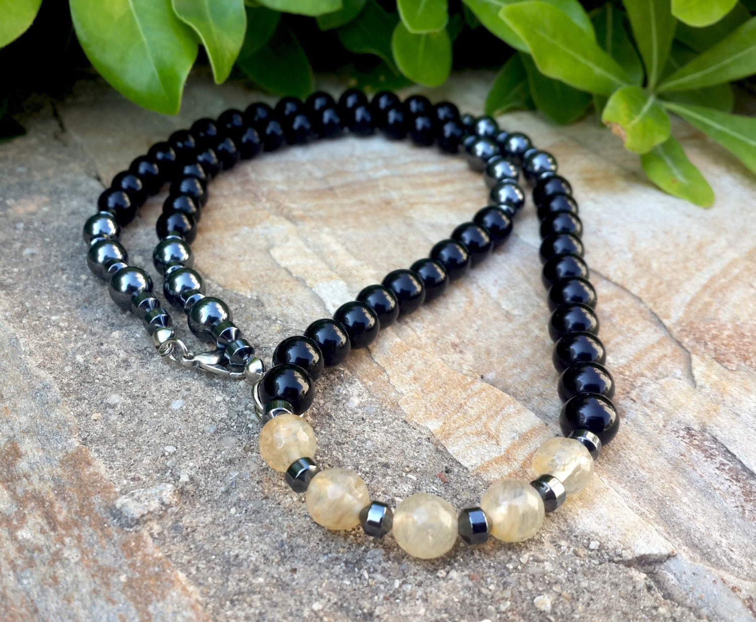 Mens Necklace, Mens Black Onyx, Hematite, Citrine Healing Necklace, Men Gemstone Necklace, Mens Gift, Husband, Son, Boyfriend, Brother Gift