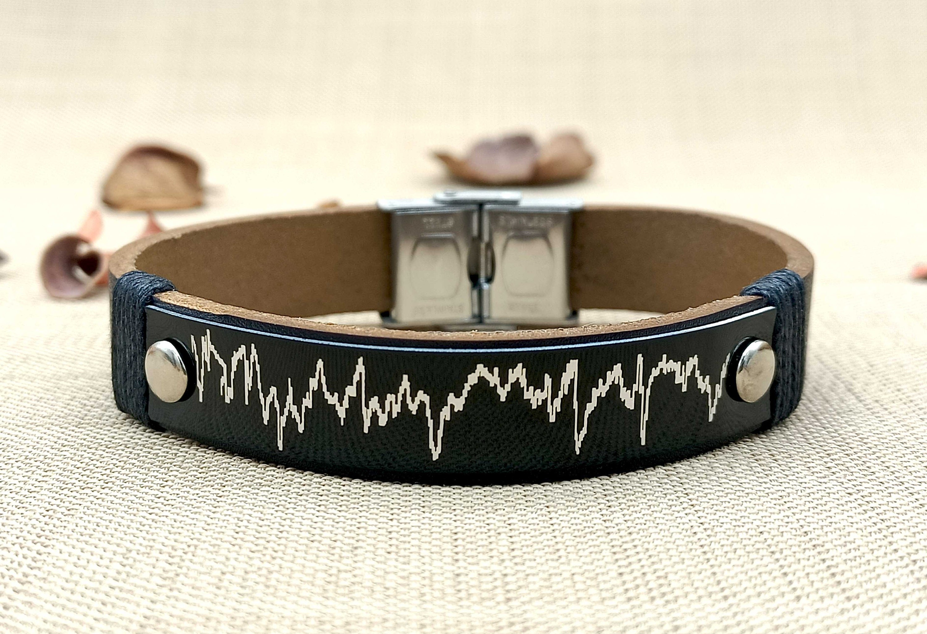 Personalized Voice Message Engraved Leather Bracelet, Custom Soundwave Bracelet with QR Code, Heartbeat, EKG, ECG, Ultrasound Gift for Mens
