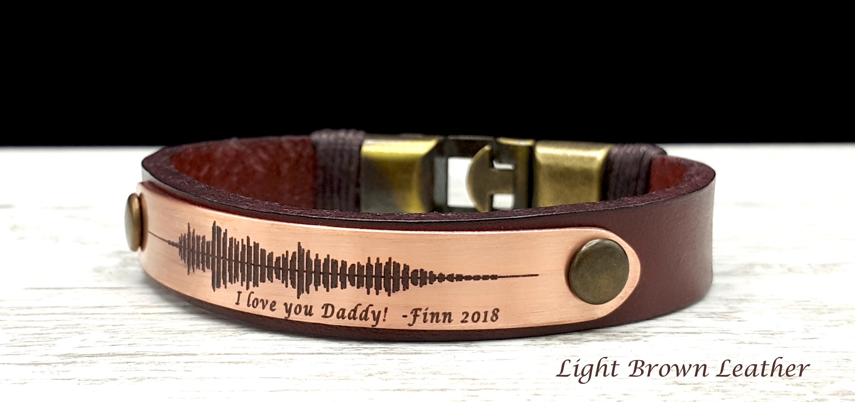 7th Anniversary Copper & Leather Bracelet | Personalized Deep Engraved Soundwave, Handwriting, Coordinates, Morse Code, or Text Message