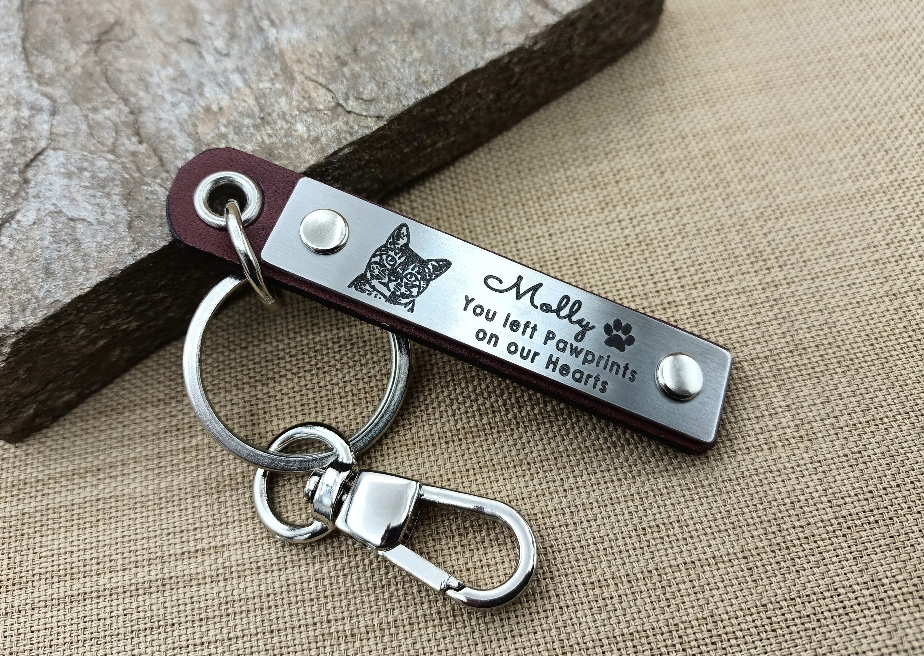 Pet Loss Leather Keychain, Actual Pet Portrait Engraved Leather Keychain, Pet Memorial Video, Audio File Linked QR Code Keychain