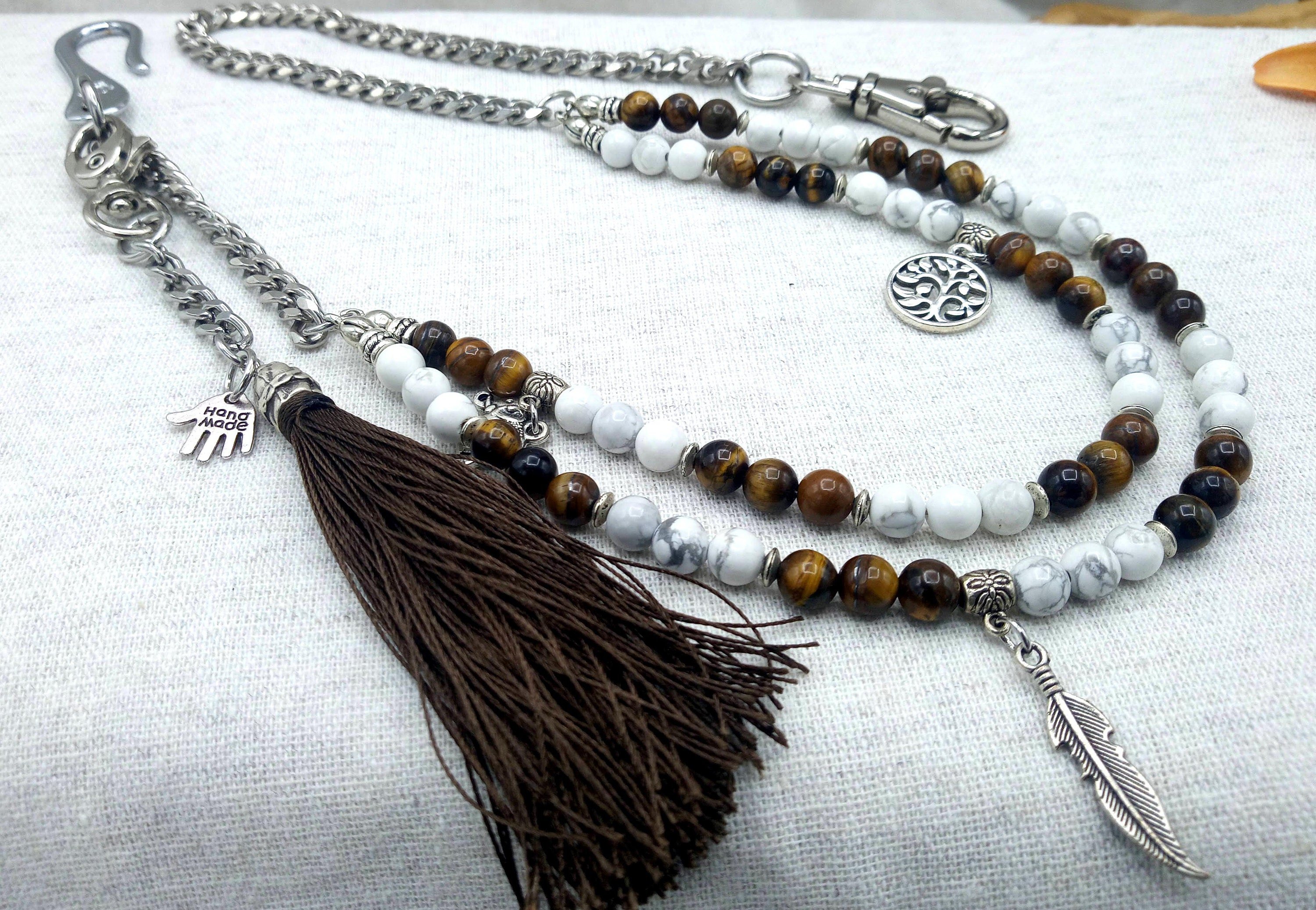 Spiritual Double Strand Silver Wallet Chain, Handmade Beaded Wallet Chain, Charm Chain, Tassel Chain