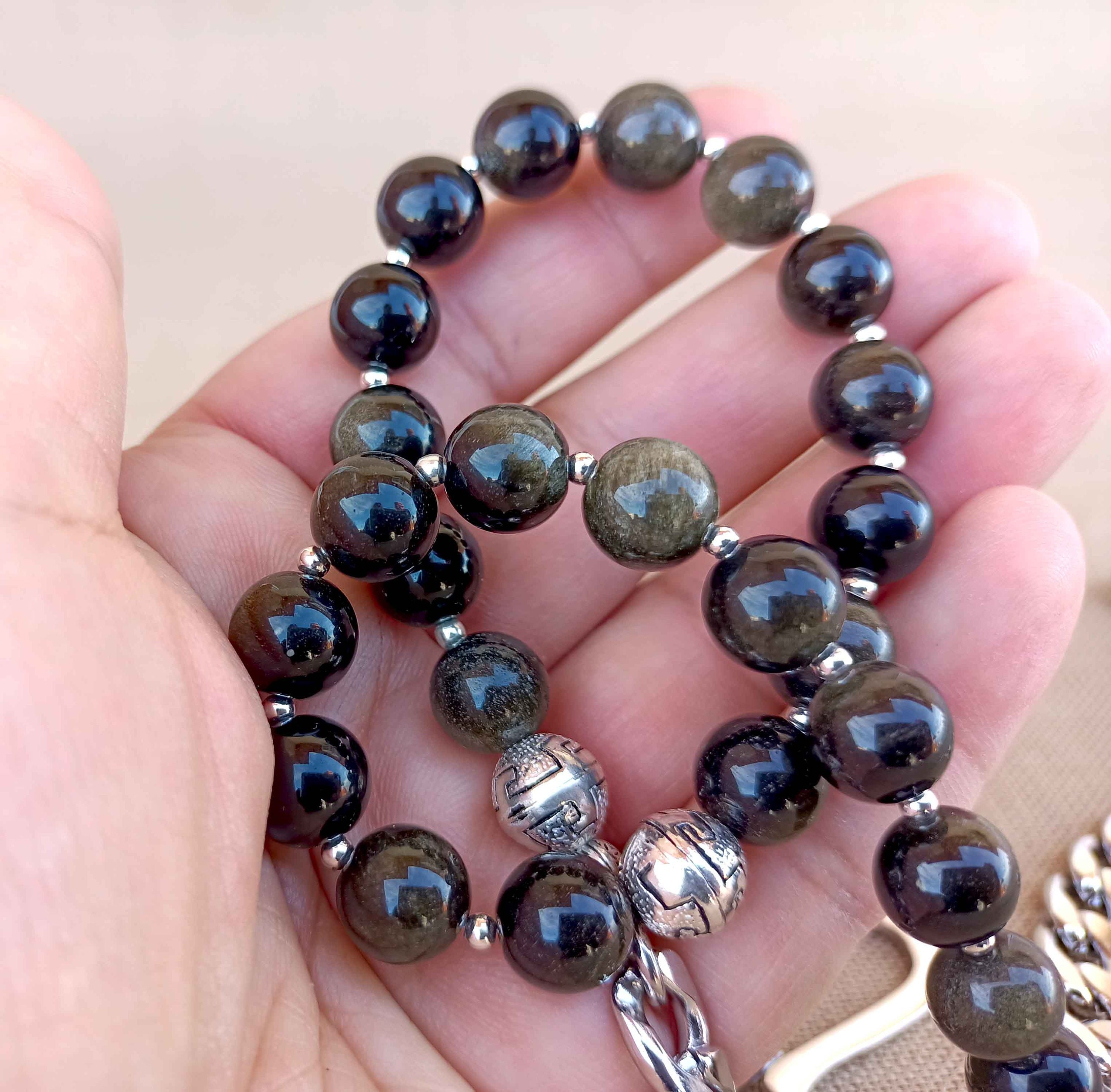 Natural Golden Obsidian Beaded Wallet Chain, Beaded Accessories for Mens, Gemstone Wallet Chain, Special Gift for Him