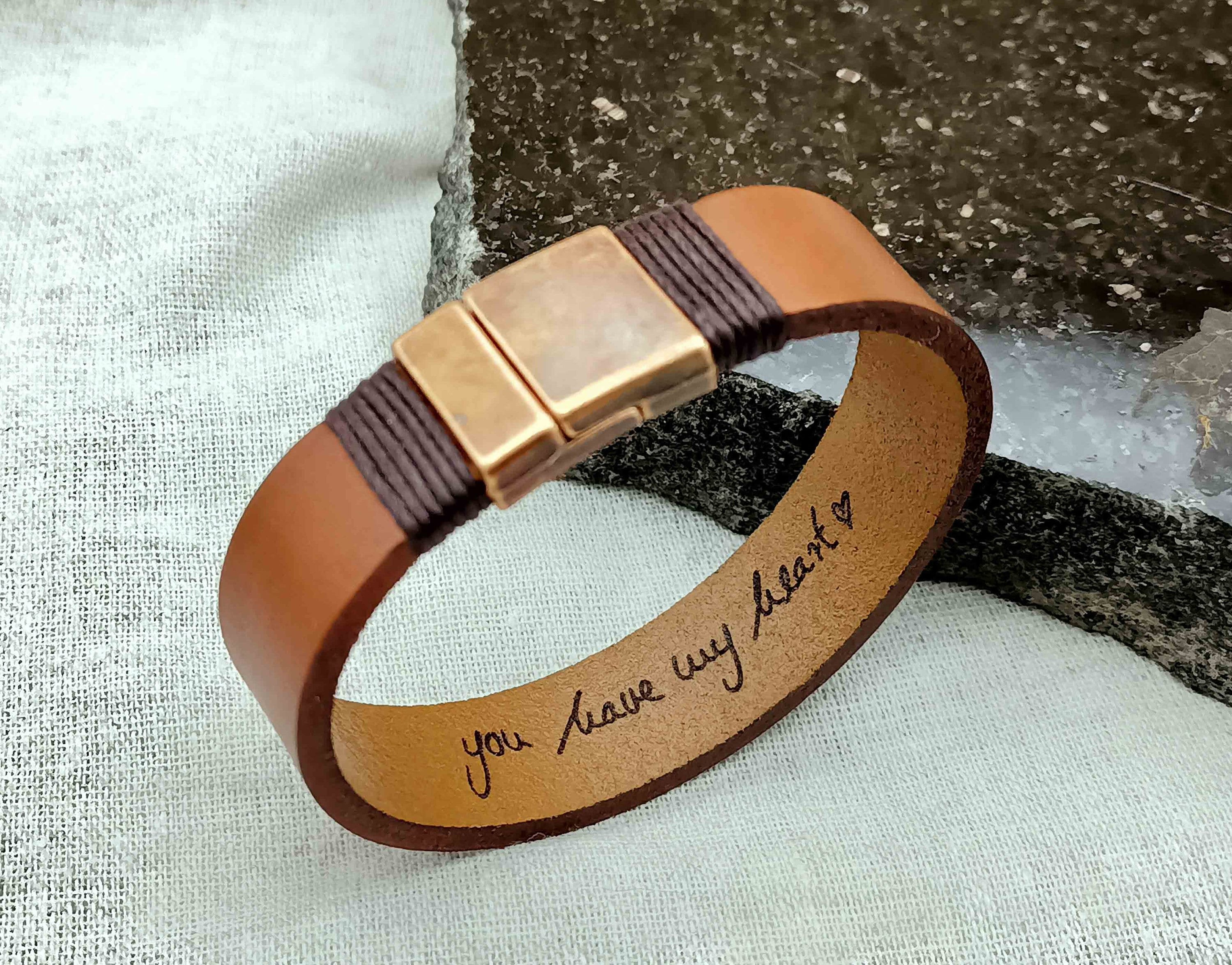 Actual Handwriting Mens Leather Bracelet, Hidden Message Bracelet, Engraved Handwriting Bracelet, Personalized Gift for Him