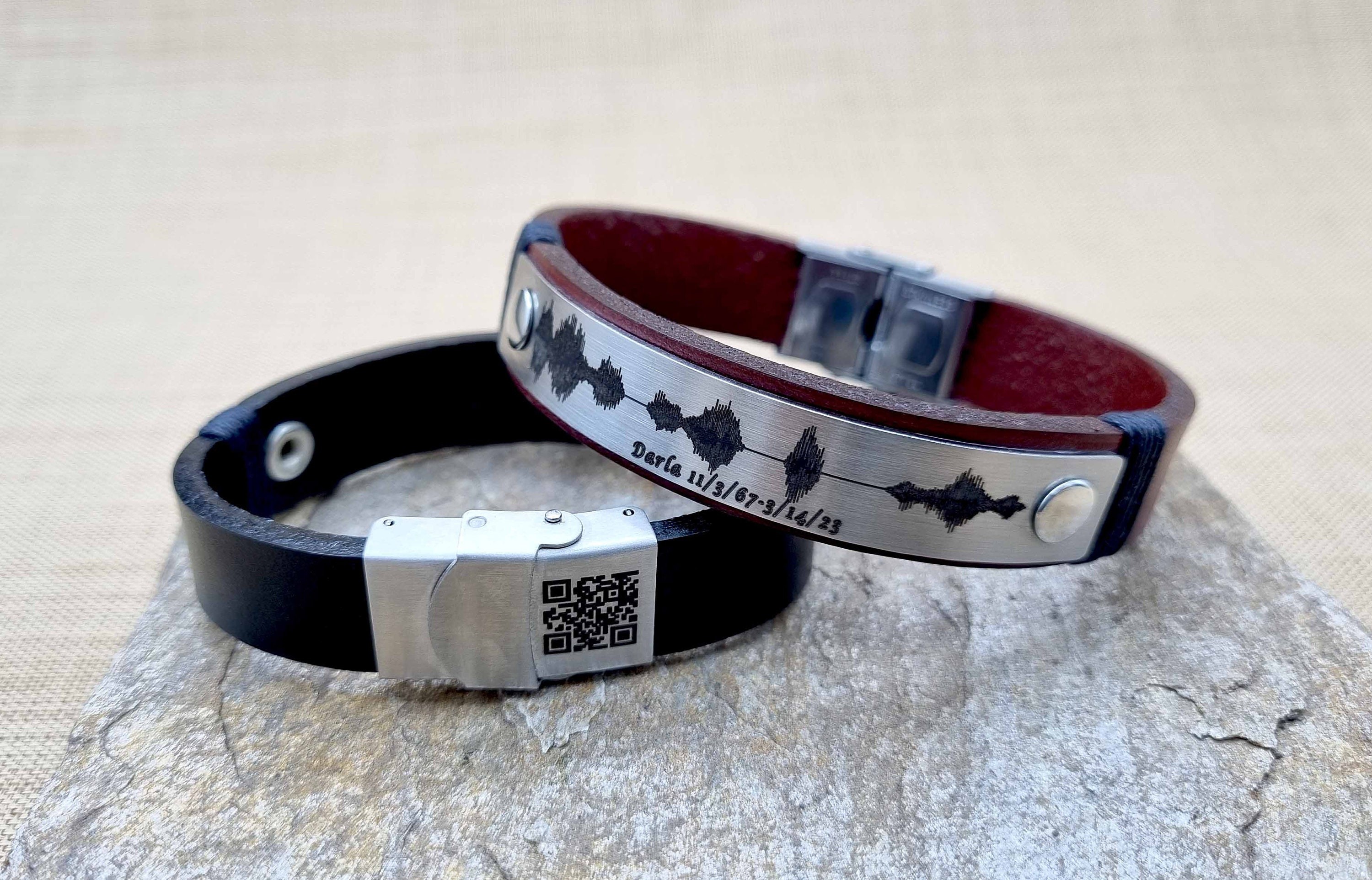 Custom Actual EKG Ultrasound Heartbeat Engraved Leather Bracelet, Audio Recording with QR Code, Valentines Day Gift for Boyfriend