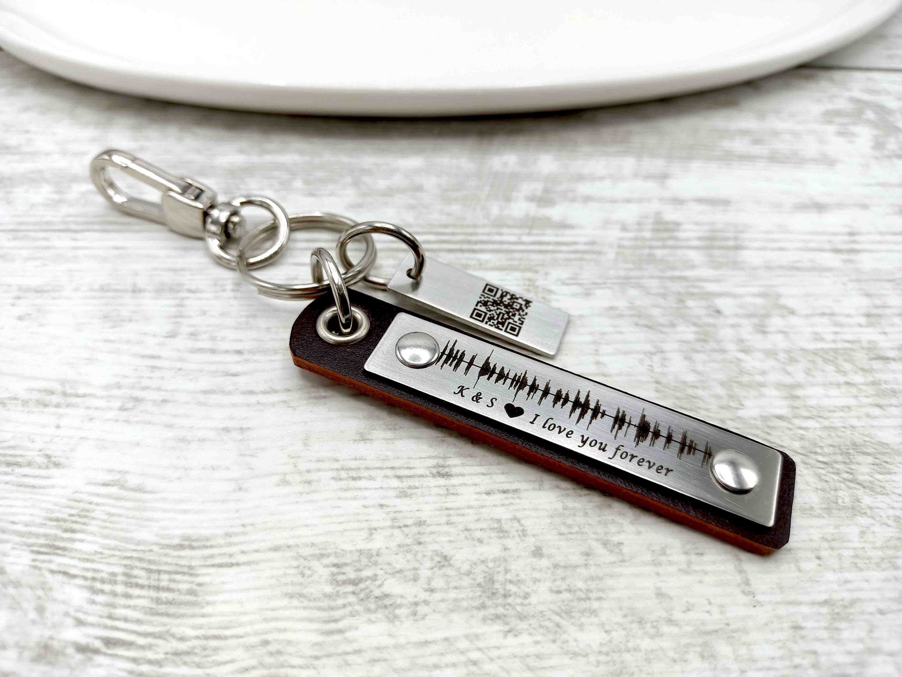 Custom Soundwave Leather Keychain Fathers Day Gift for Him, Engraved Soundwave with QR Code, Actual Voice Message, Heartbeat, Song Gift