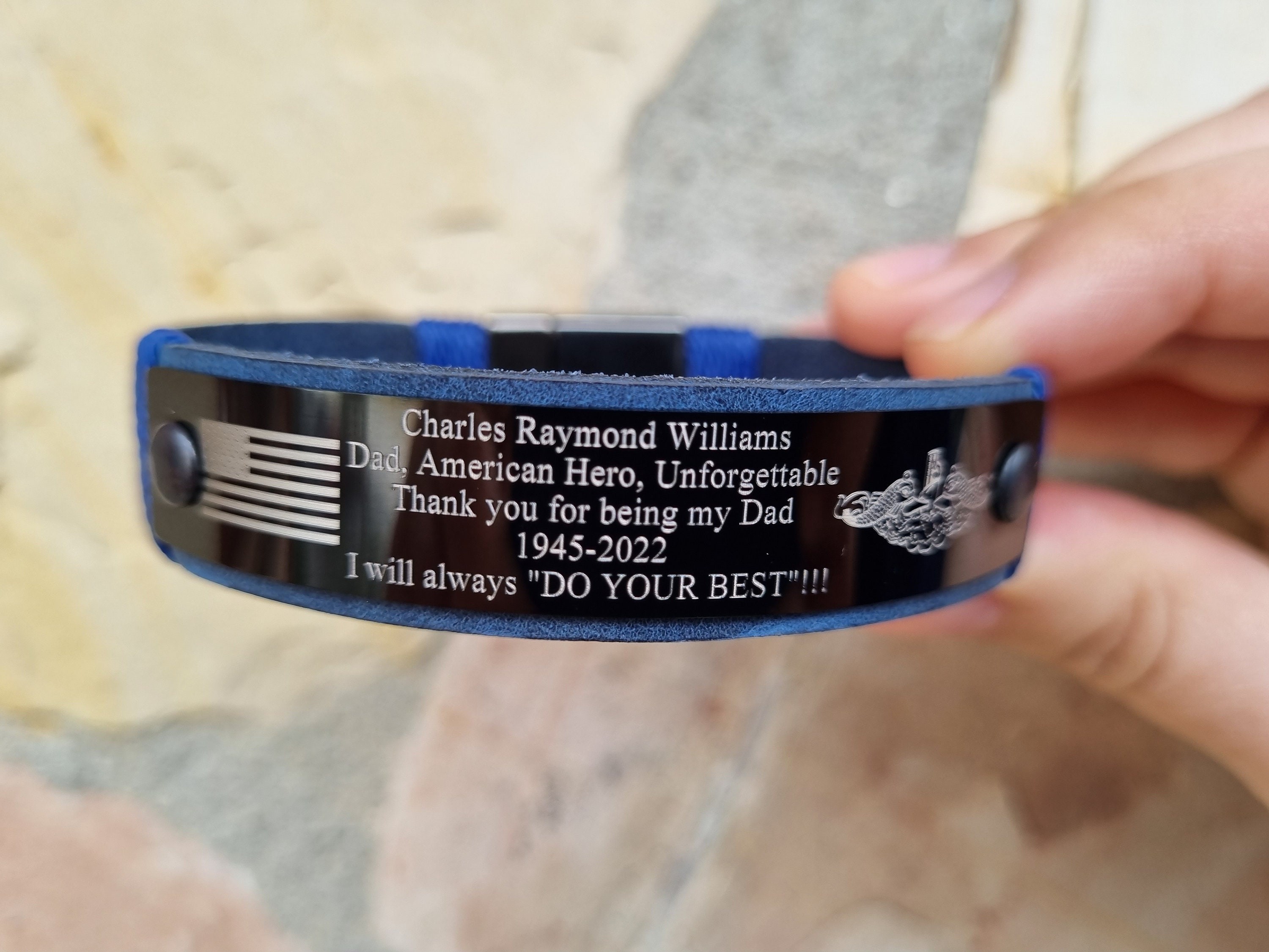 Personalized Memorial Military Leather Bracelet for Men, Deep Laser Engraved Black or Silver Stainless Steel Leather Bracelets