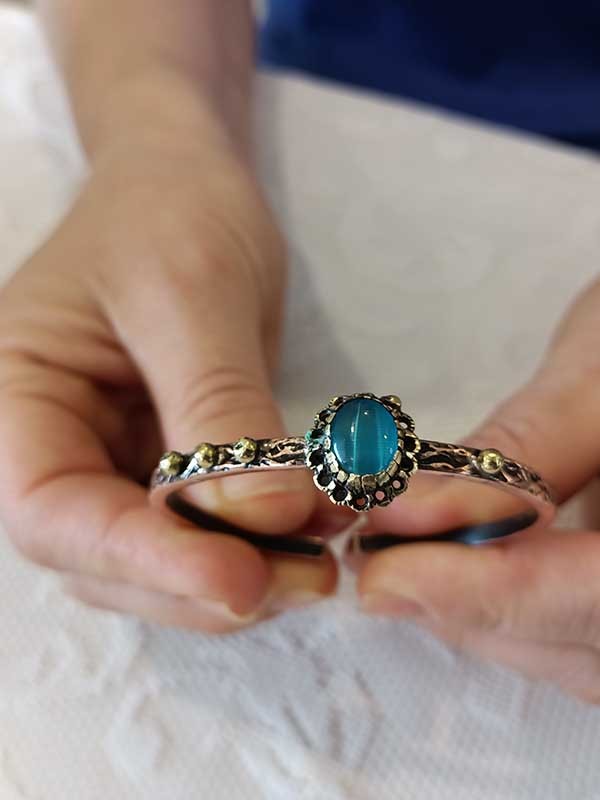 Blue Cat Eye Copper Bracelet & Ring Set – Adjustable Handmade Natural Stone Jewelry