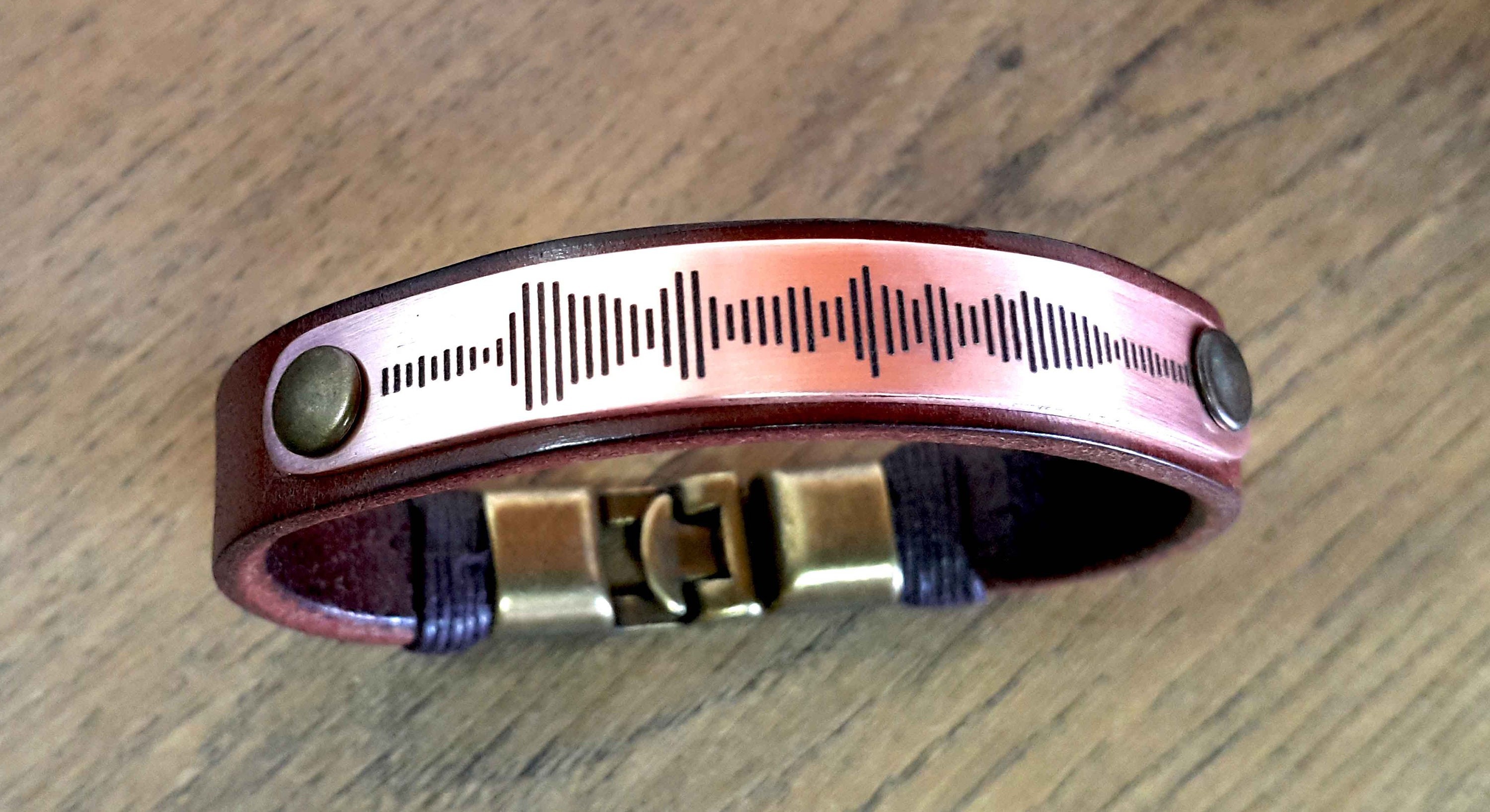 7th Anniversary Copper & Leather Bracelet | Personalized Deep Engraved Soundwave, Handwriting, Coordinates, Morse Code, or Text Message