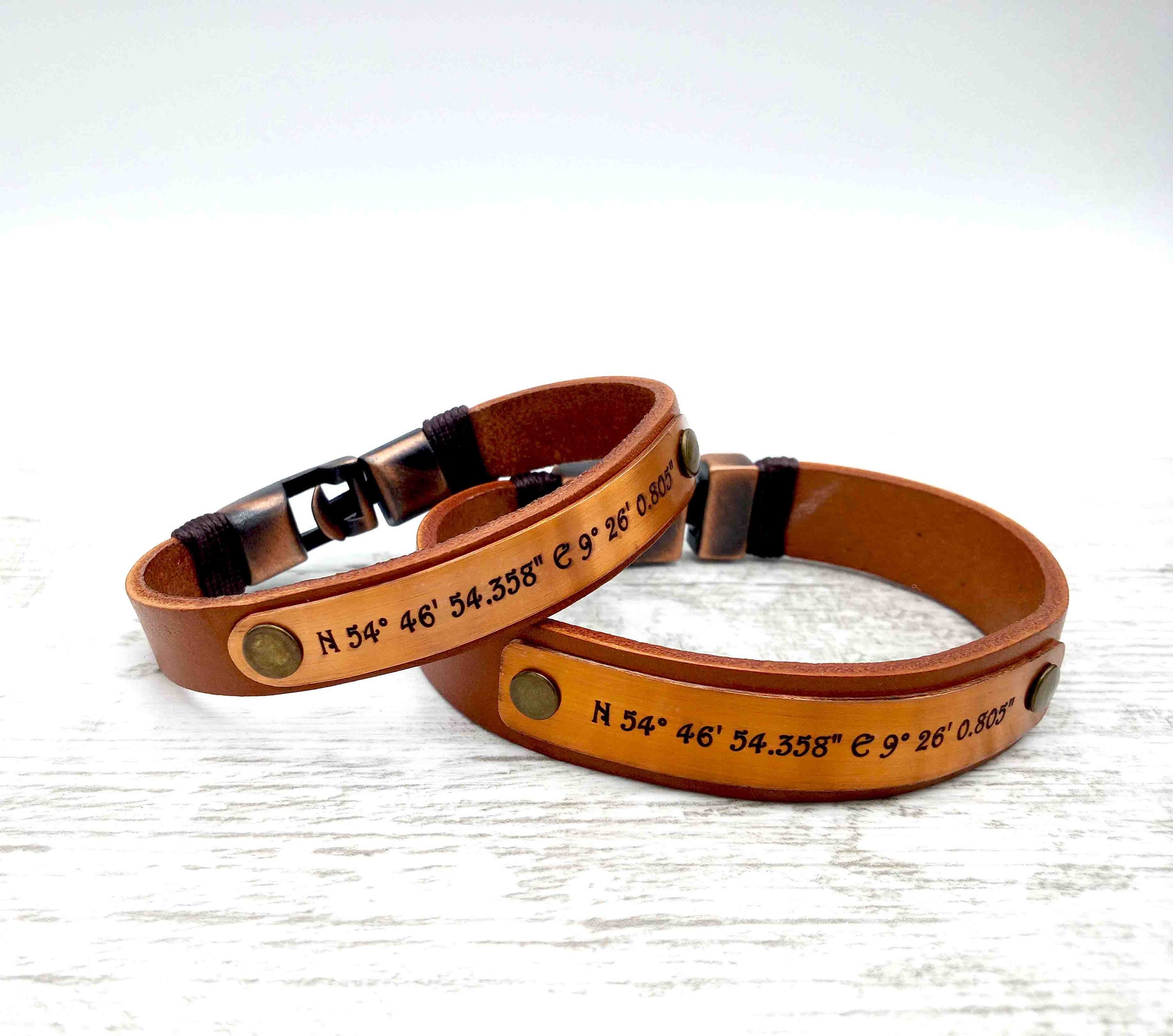 His and Hers Bracelet Set, Personalized Gift for Couple, Engraved Copper GPS Coordinates Bracelet, Long Distance Girlfriend Boyfriend Gift