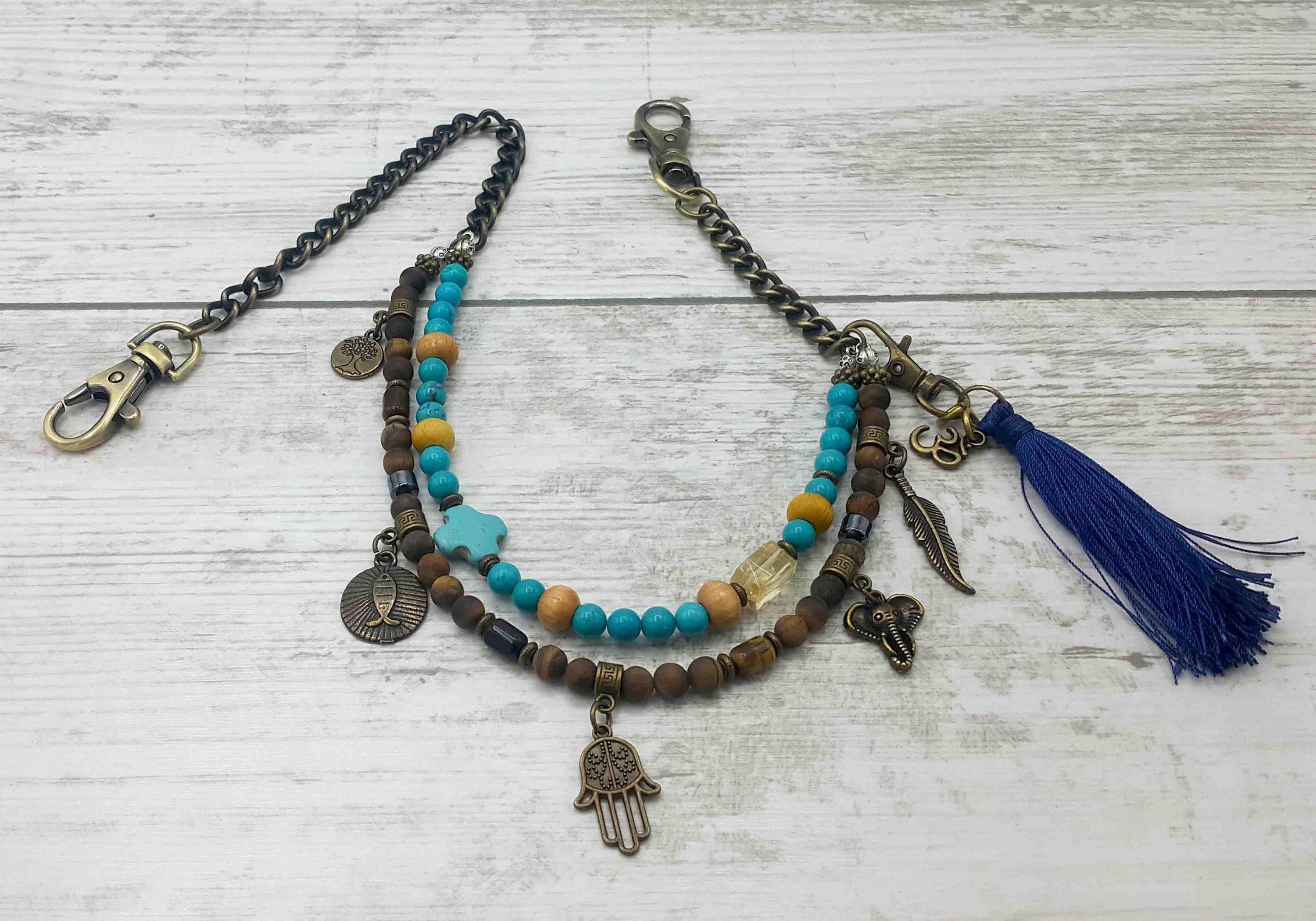 Erkek Manevi Bronz Cüzdan Zinciri, Kutsal Taş Püskül Zinciri, Bronz Zincir, Ona Hediye, Erkek Aksesuarları
