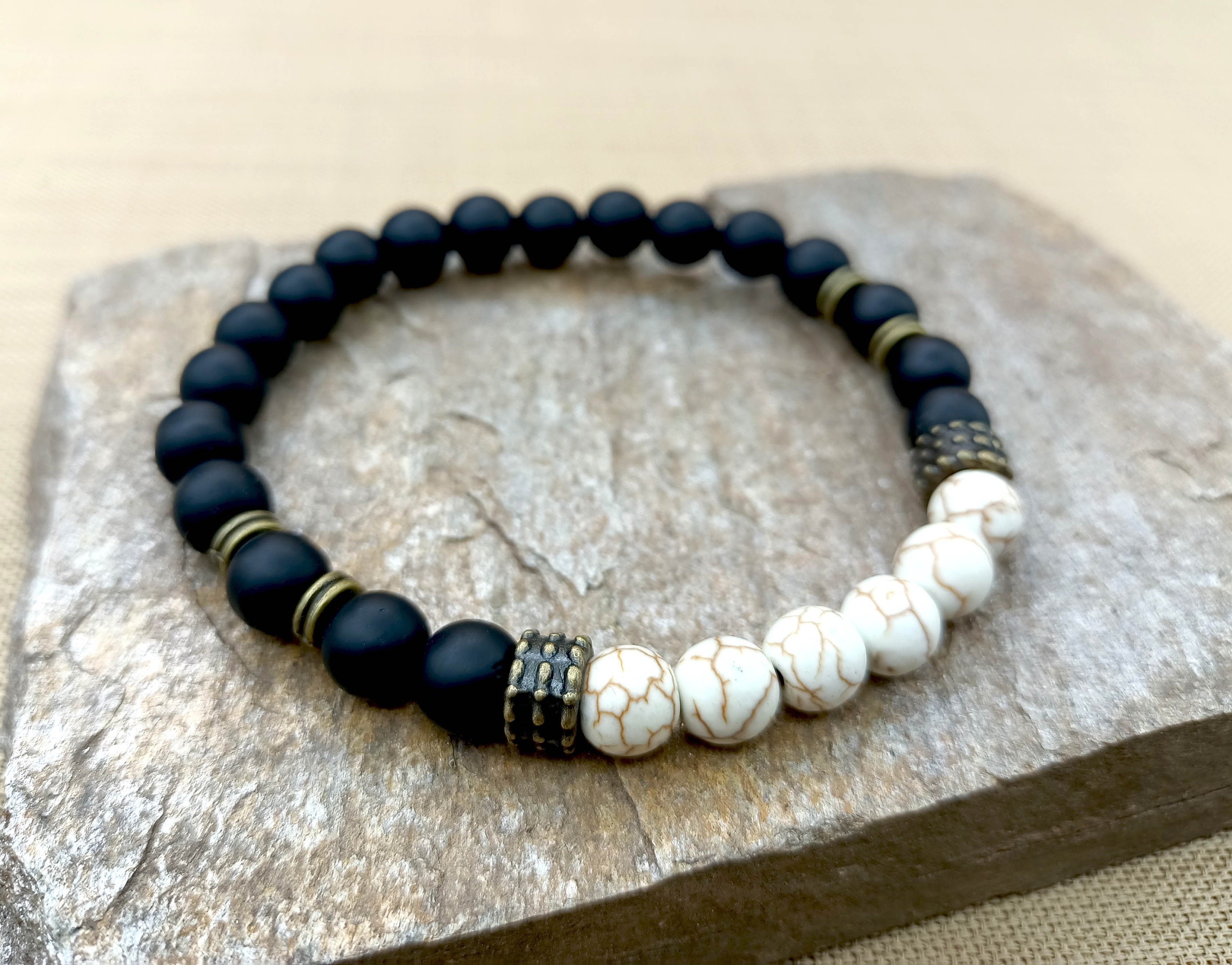 Black Onyx, Brown Howlite and Bronze Mens Jewelry, Natural Stone Man Bracelet, Spiritual Healing Protection Mens Mala Bracelet, Gift for Him