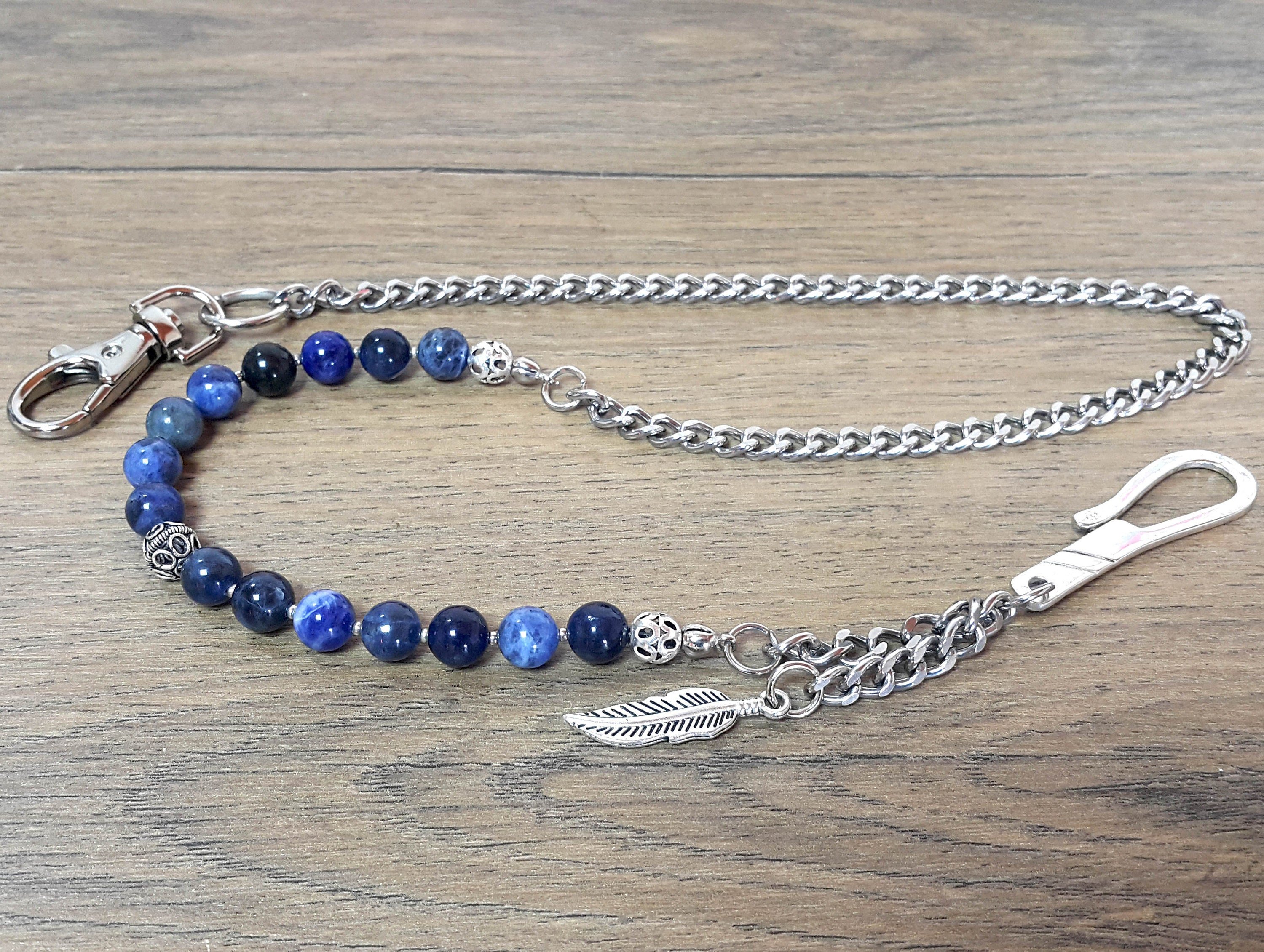 Mavi Sodalite Boncuklu Cüzdan Zinciri, Erkek Aksesuarları, Boncuklu Cüzdan Zinciri, .925 Ayar Gümüş El Yapımı Kanca, Maneviyat ve Özgürlük
