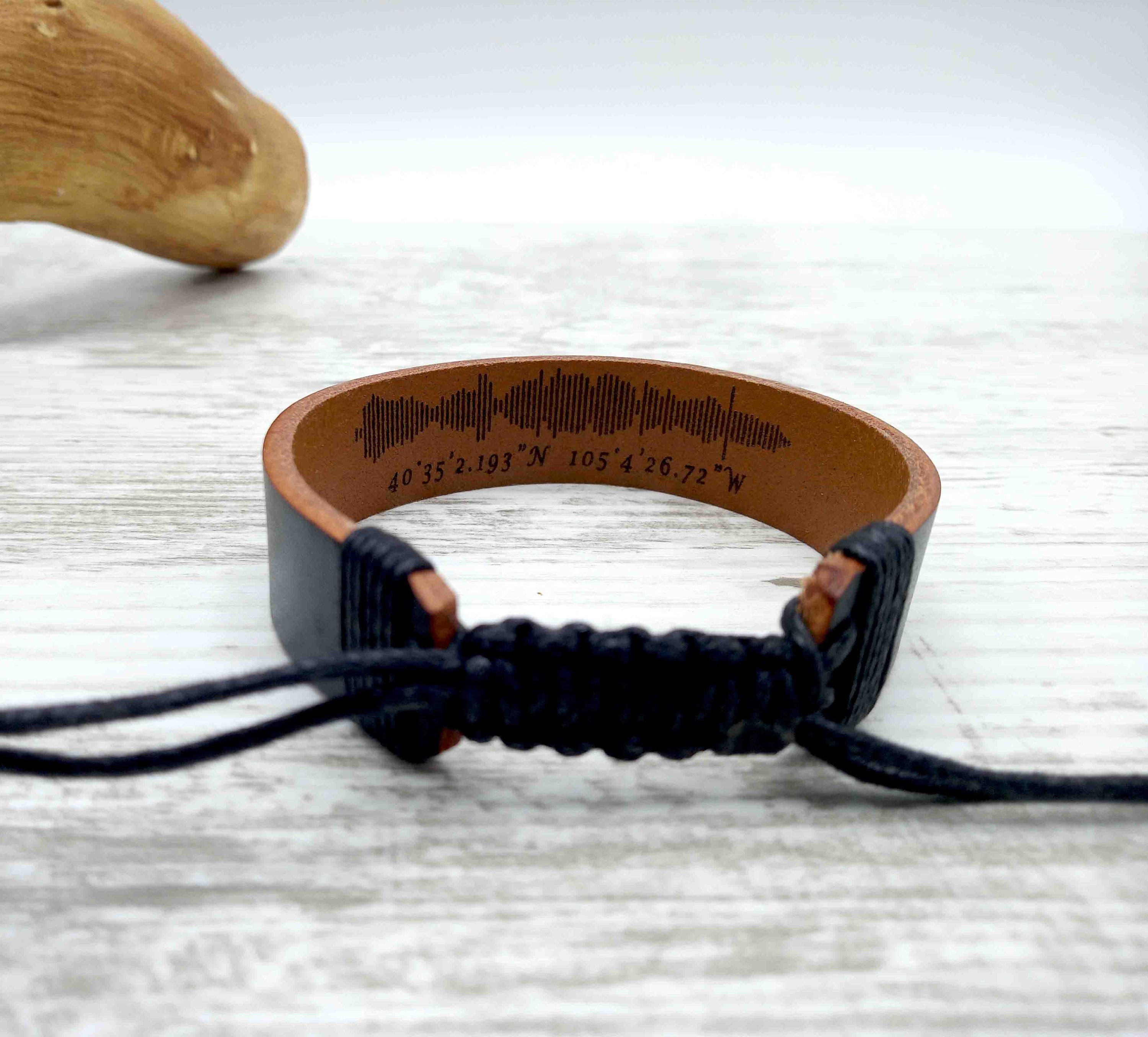 Personalized 3rd Anniversary Gift for Mens, Engraved Adjustable Leather Bracelet, Soundwave Bracelet