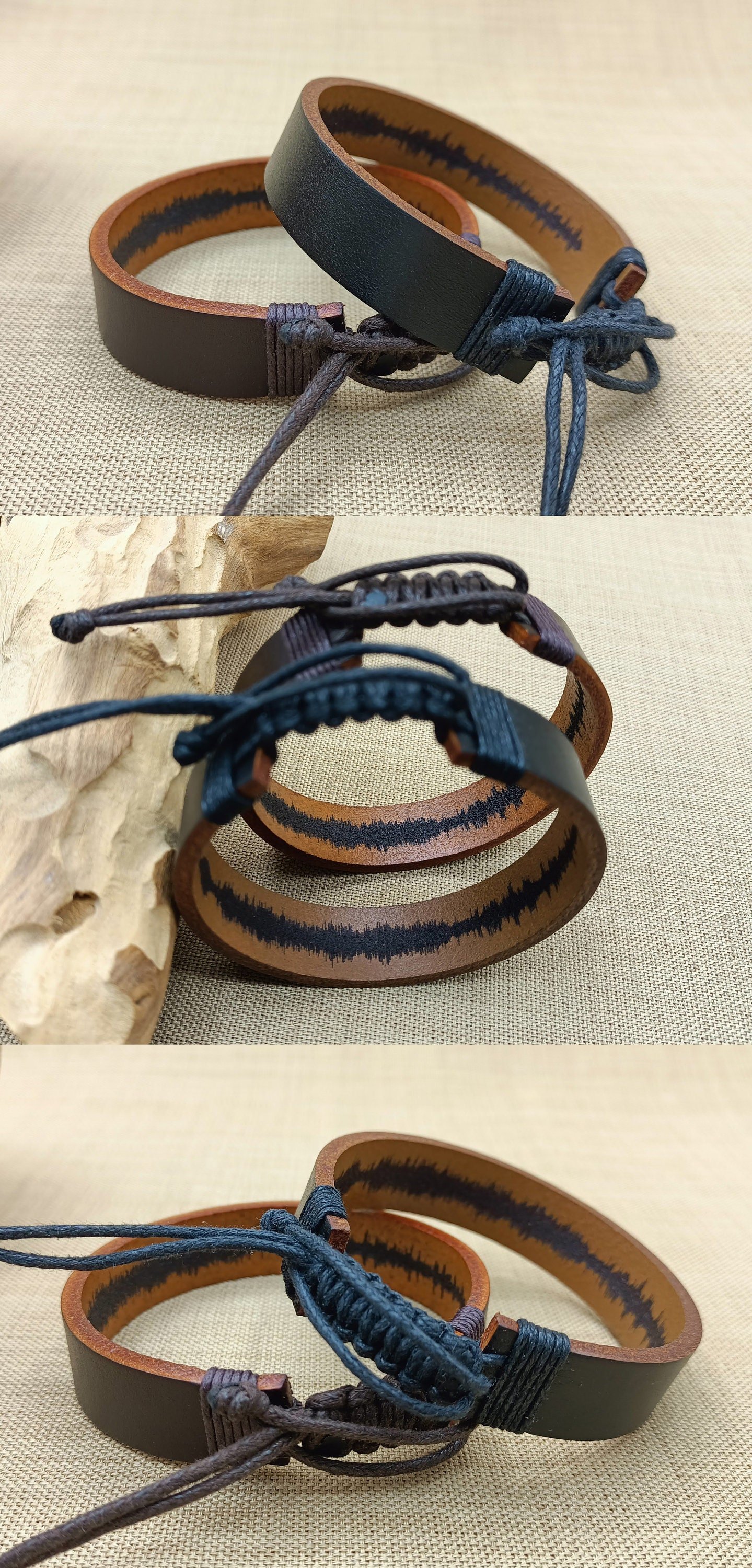 Personalized 3rd Anniversary Gift for Mens, Engraved Adjustable Leather Bracelet, Soundwave Bracelet