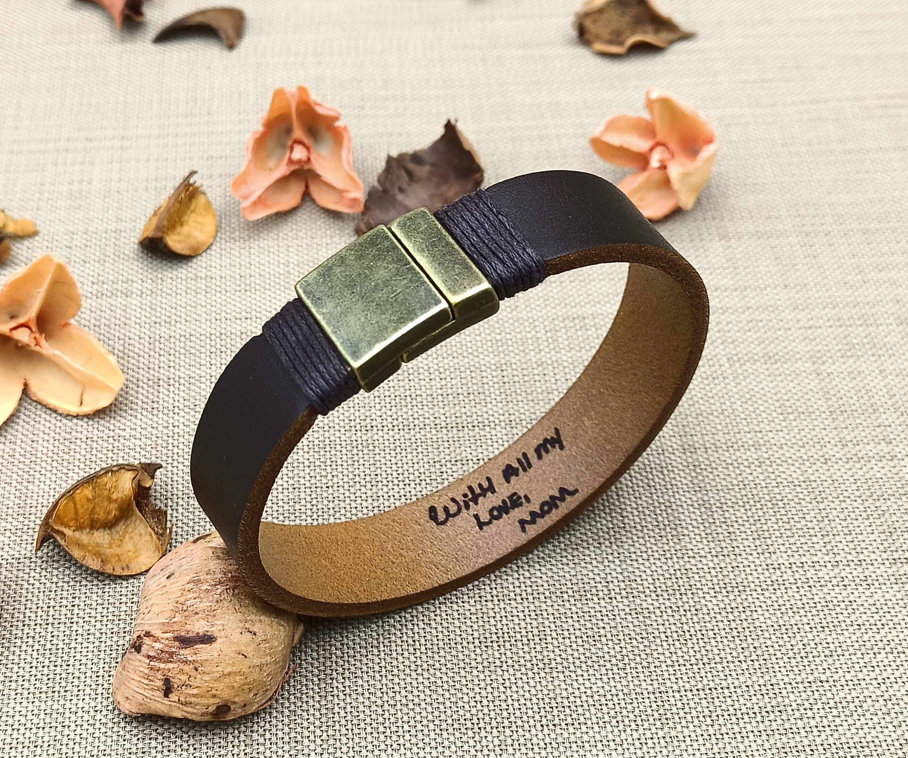 Actual Handwriting Mens Leather Bracelet, Hidden Message Bracelet, Engraved Handwriting Bracelet, Personalized Gift for Him