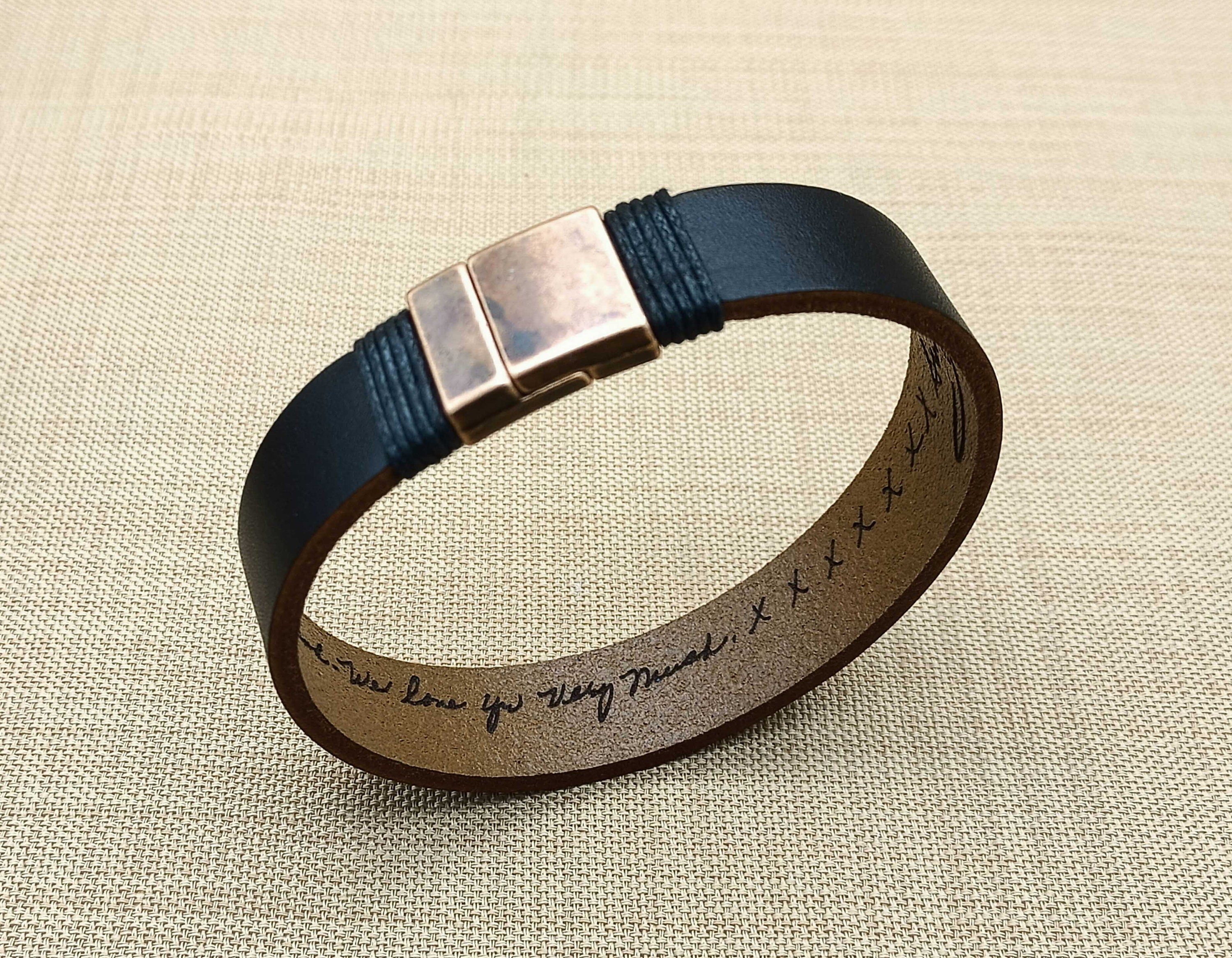 Actual Handwriting Mens Leather Bracelet, Hidden Message Bracelet, Engraved Handwriting Bracelet, Personalized Gift for Him