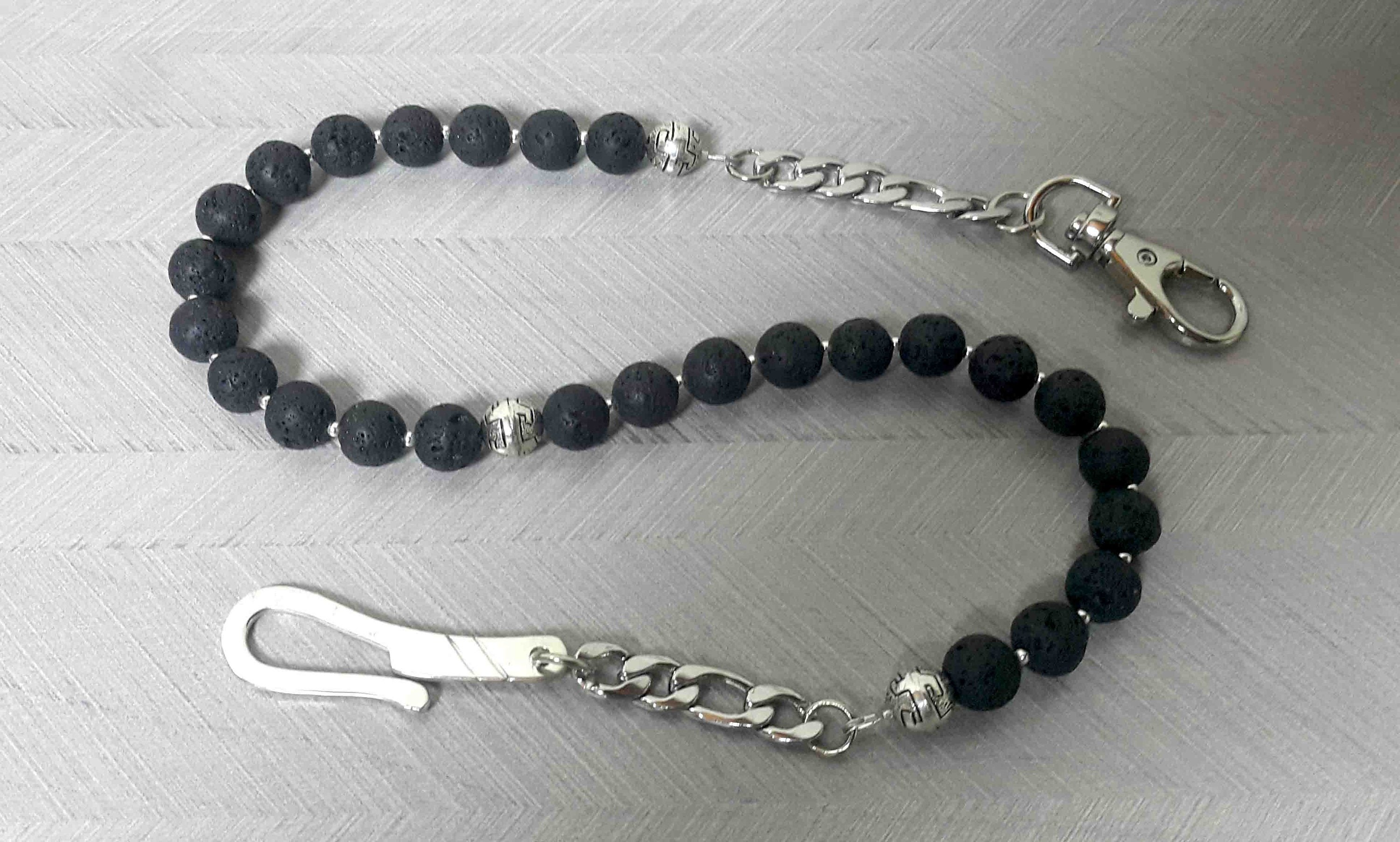 Black Beaded Wallet Chain - Lava Rock Stone - Mens Jewelry - Belt Accessories - Gemstone Wallet Chain - 925 Sterling Silver Handmade Hook