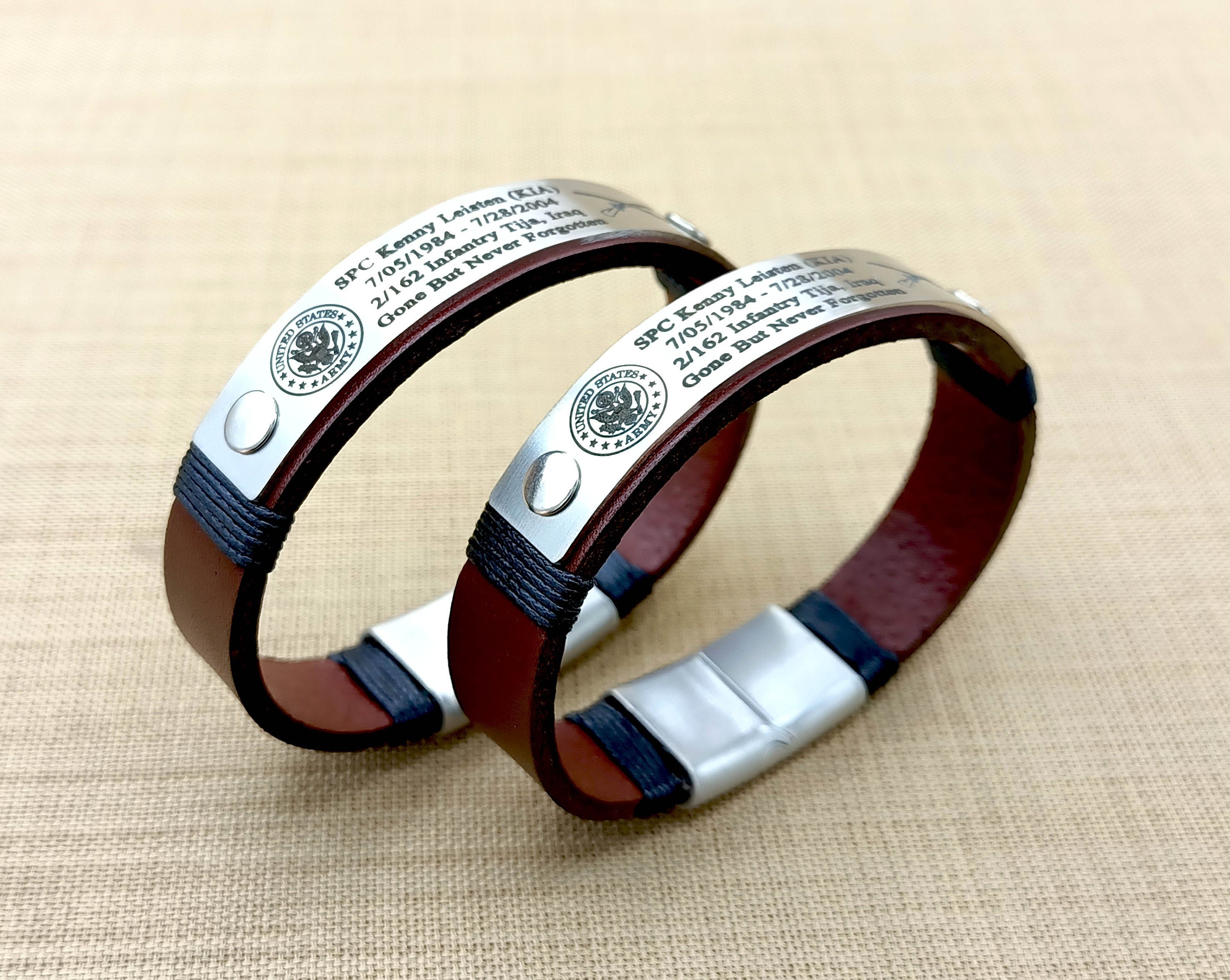 Custom Memorial Military Bracelet - Honor the Fallen, KIA, POW, MIA, Deep Laser Engraved Black or Silver Stainless Steel Leather Bracelets