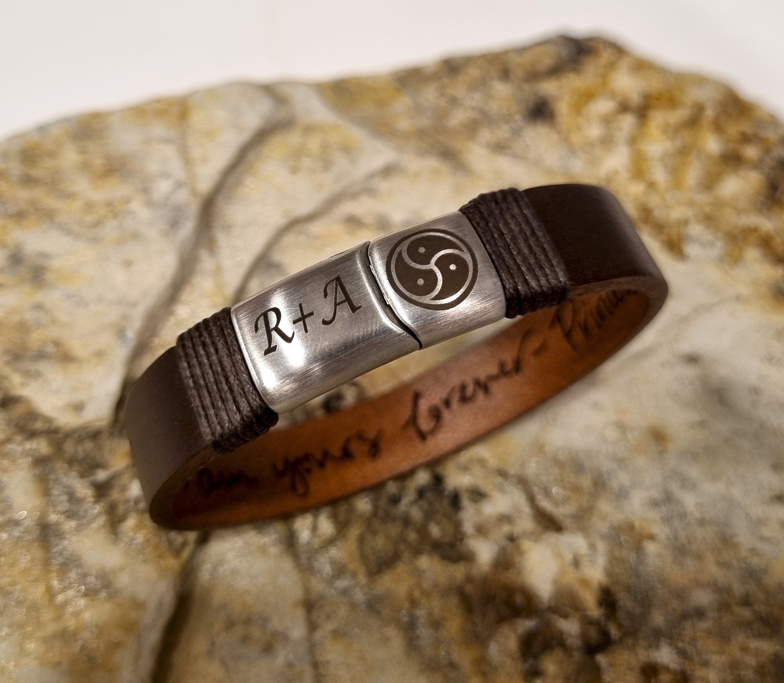 Actual Handwriting or Text Message Engraved Leather Bracelet, Personalized 3rd Anniversary Gift For Husband