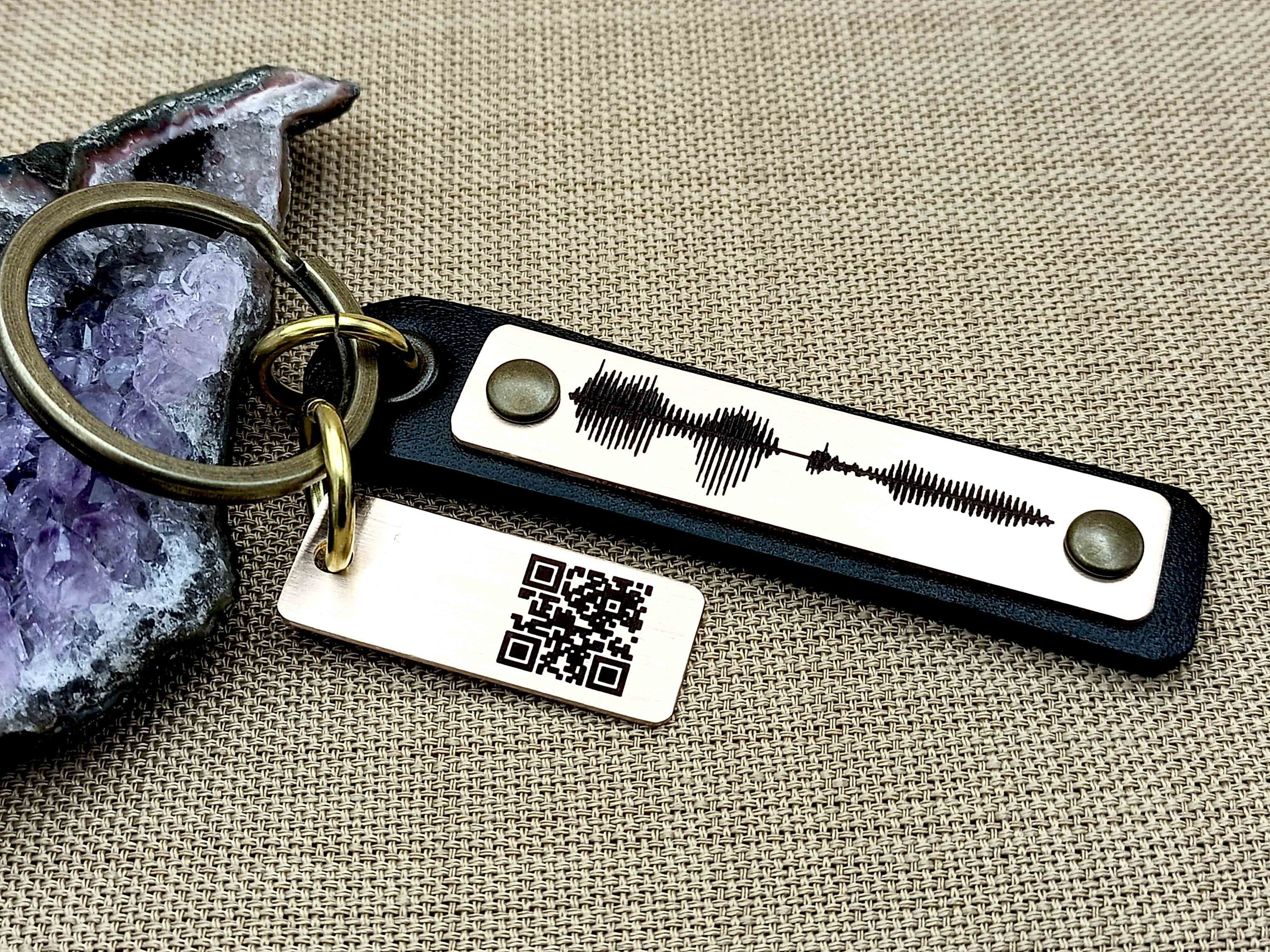 8th Anniversary Gift, Engraved Bronze Soundwave Keychain with Scannable QR Code, Custom Voice Memo, Heartbeat, Audio File, Fav Song or Video