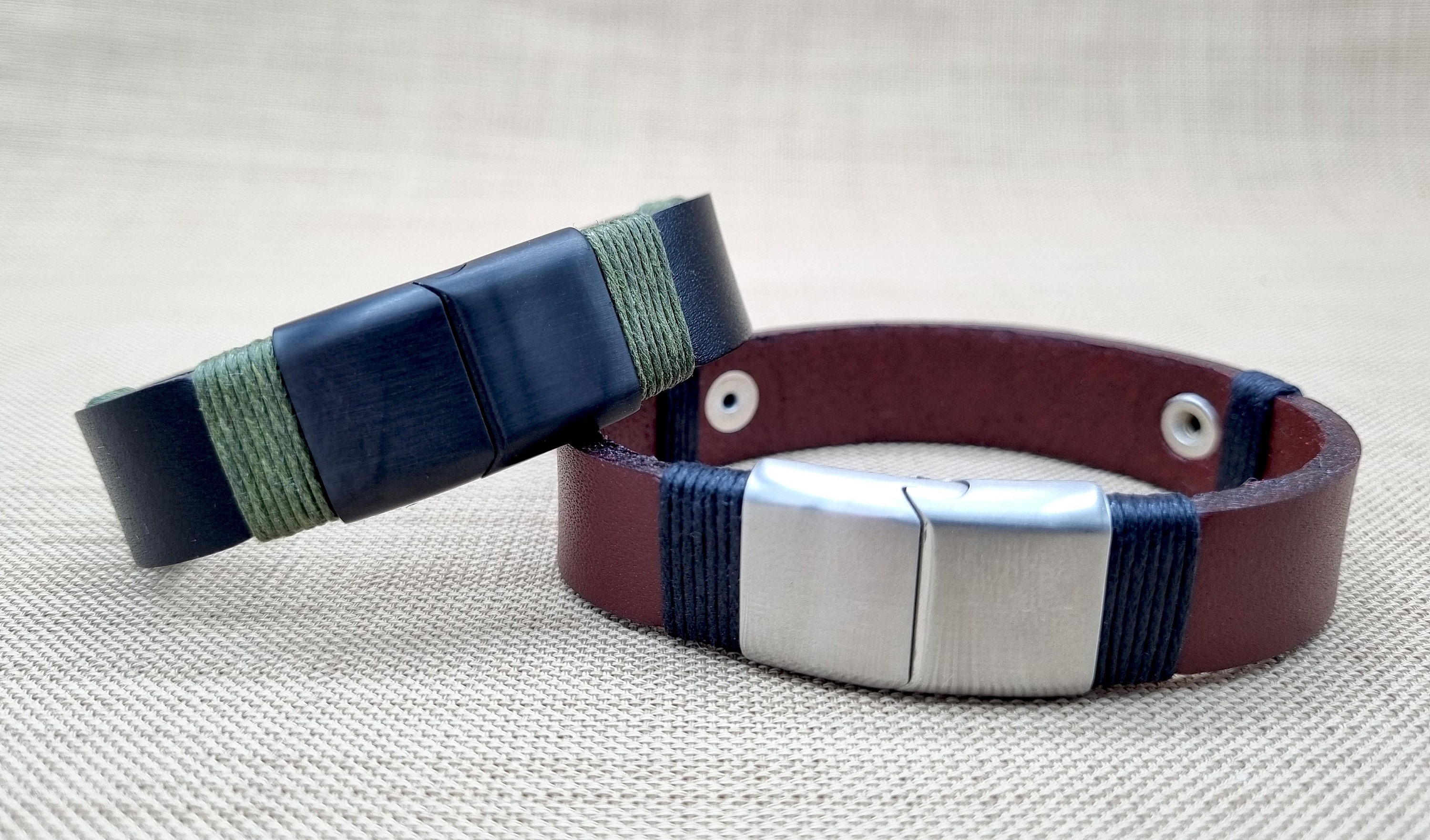 Personalized Memorial Military Leather Bracelet for Men, Deep Laser Engraved Black or Silver Stainless Steel Leather Bracelets