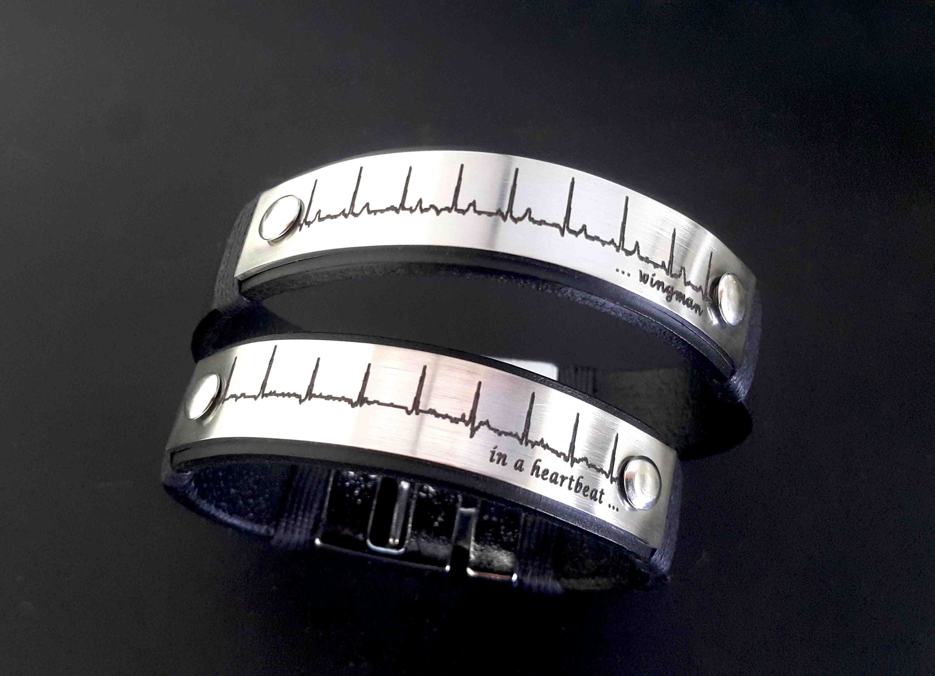 Custom Actual EKG Ultrasound Heartbeat Engraved Leather Bracelet, Audio Recording with QR Code, Valentines Day Gift for Boyfriend