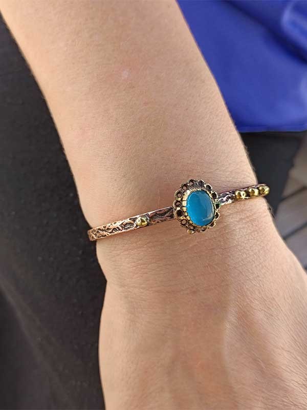 Blue Cat Eye Copper Bracelet & Ring Set – Adjustable Handmade Natural Stone Jewelry