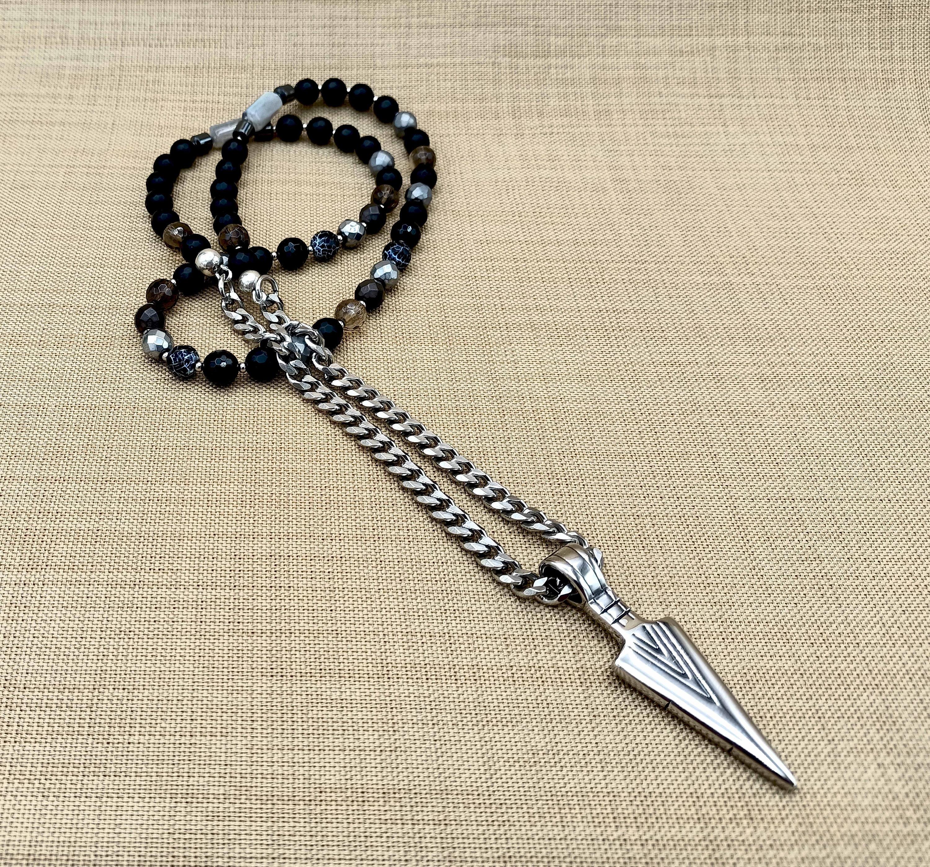 Arrowhead Pendant Beaded Chain Necklace for Mens, Natural Gemstones and Stainless Steel Chain Pendant Necklace Jewelry