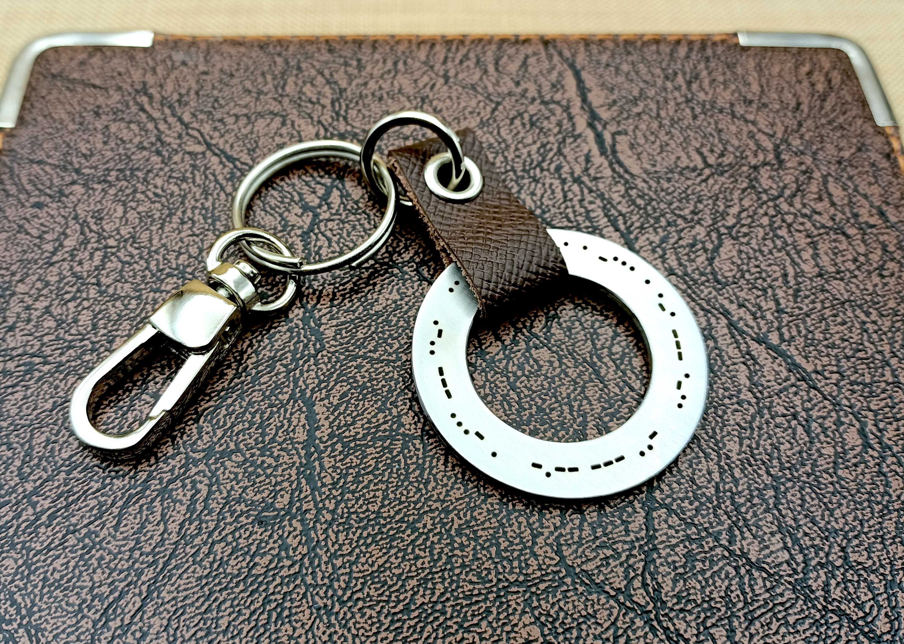 Custom Morse Code Keychain with Saffiano Leather, Engraved Washer Keychain, Birthday Gift, Graduation Gift for Him, Gift for Her
