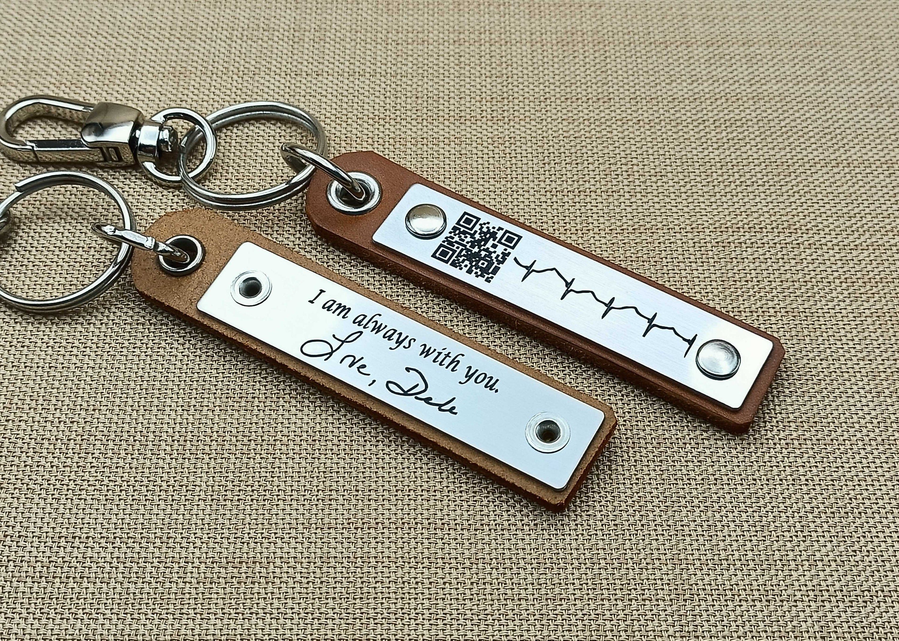 Custom Soundwave Leather Keychain Fathers Day Gift for Him, Engraved Soundwave with QR Code, Actual Voice Message, Heartbeat, Song Gift