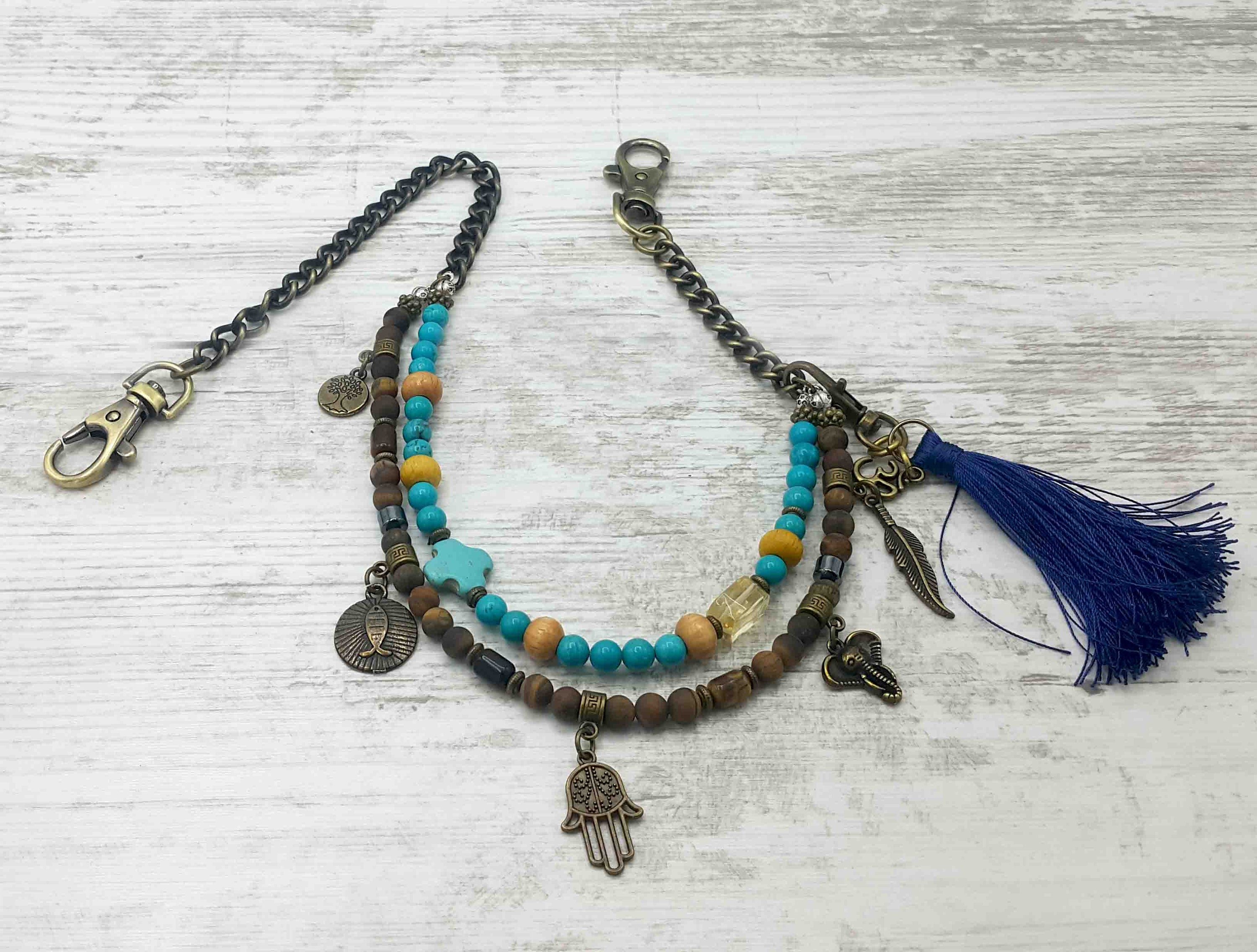 Men's Spiritual Bronze Wallet Chain, Blessed Gemstone Tassel Chain, Bronze Chain, Gift for Him, Men's Accessories