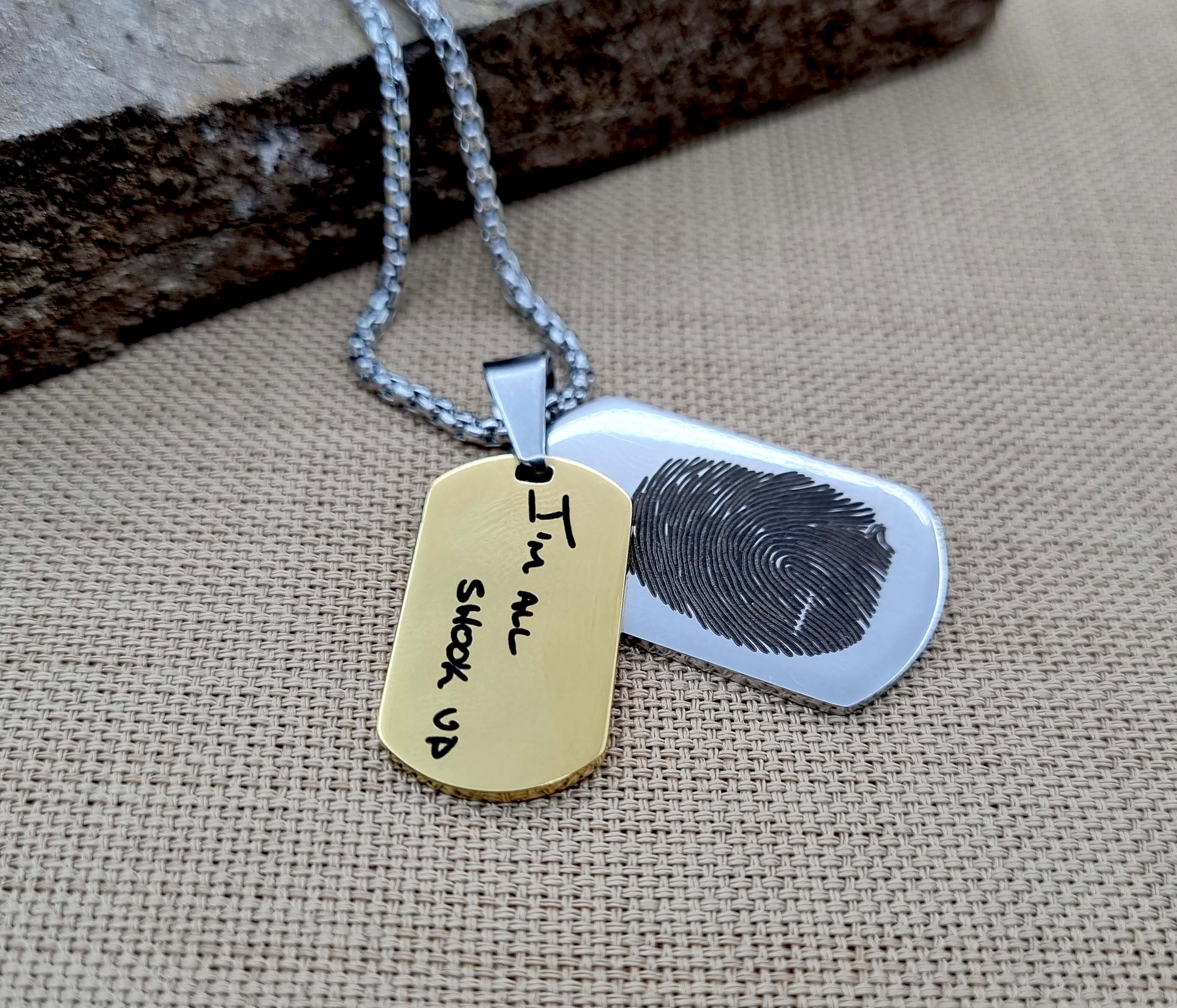 Personalized Fingerprint Necklace, Handwriting Necklace, Set of 2 Stainless Steel Dog Tag Engraved Necklace for Mens, Gift for Him