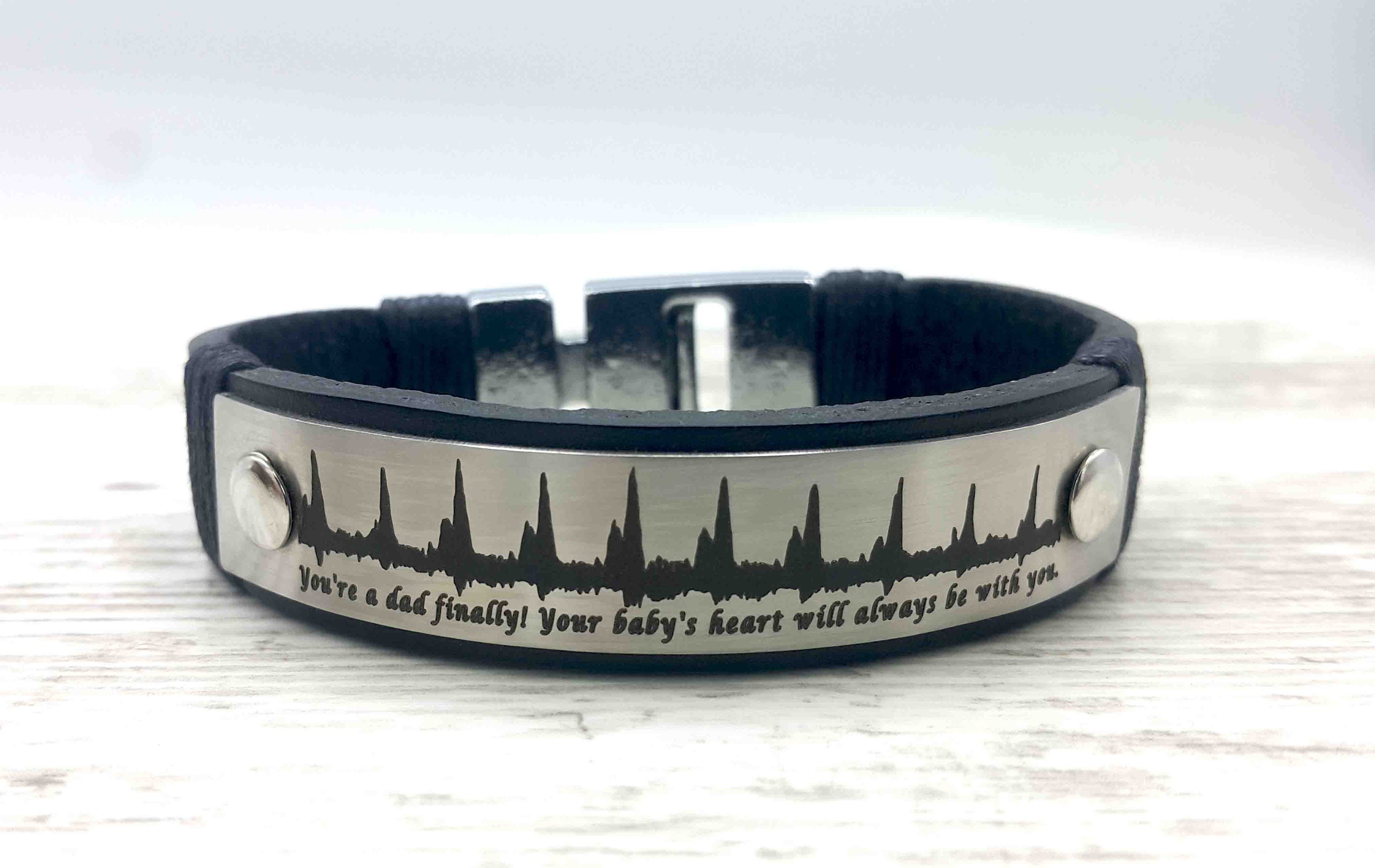 Custom Actual EKG Ultrasound Heartbeat Engraved Leather Bracelet, Audio Recording with QR Code, Valentines Day Gift for Boyfriend