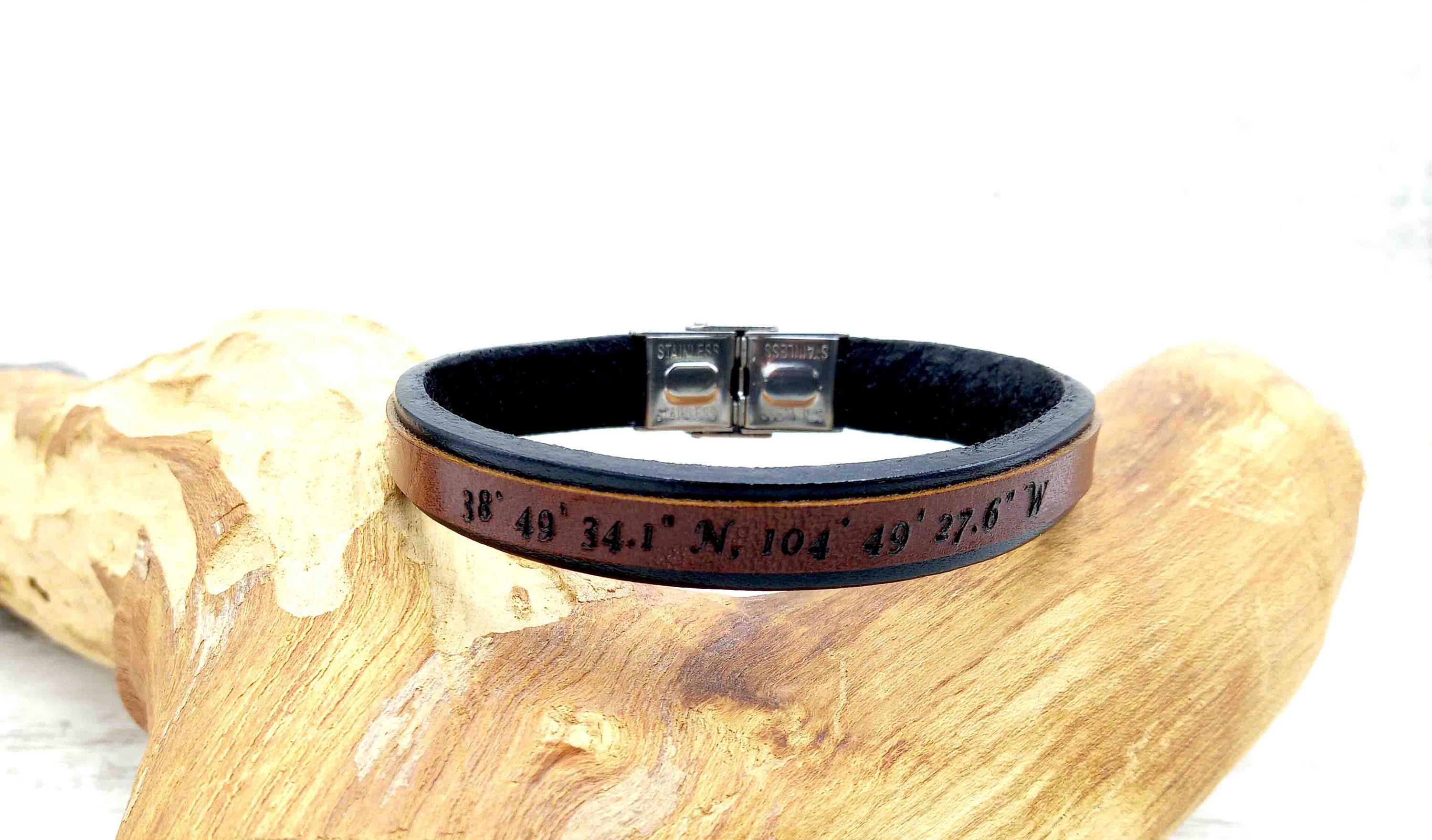 Custom Engraved Coordinates Leather Bracelet, Boyfriend Girlfriend Gift, Longitude Latitude Bracelet, Long Distance Friendship Bracelet Gift