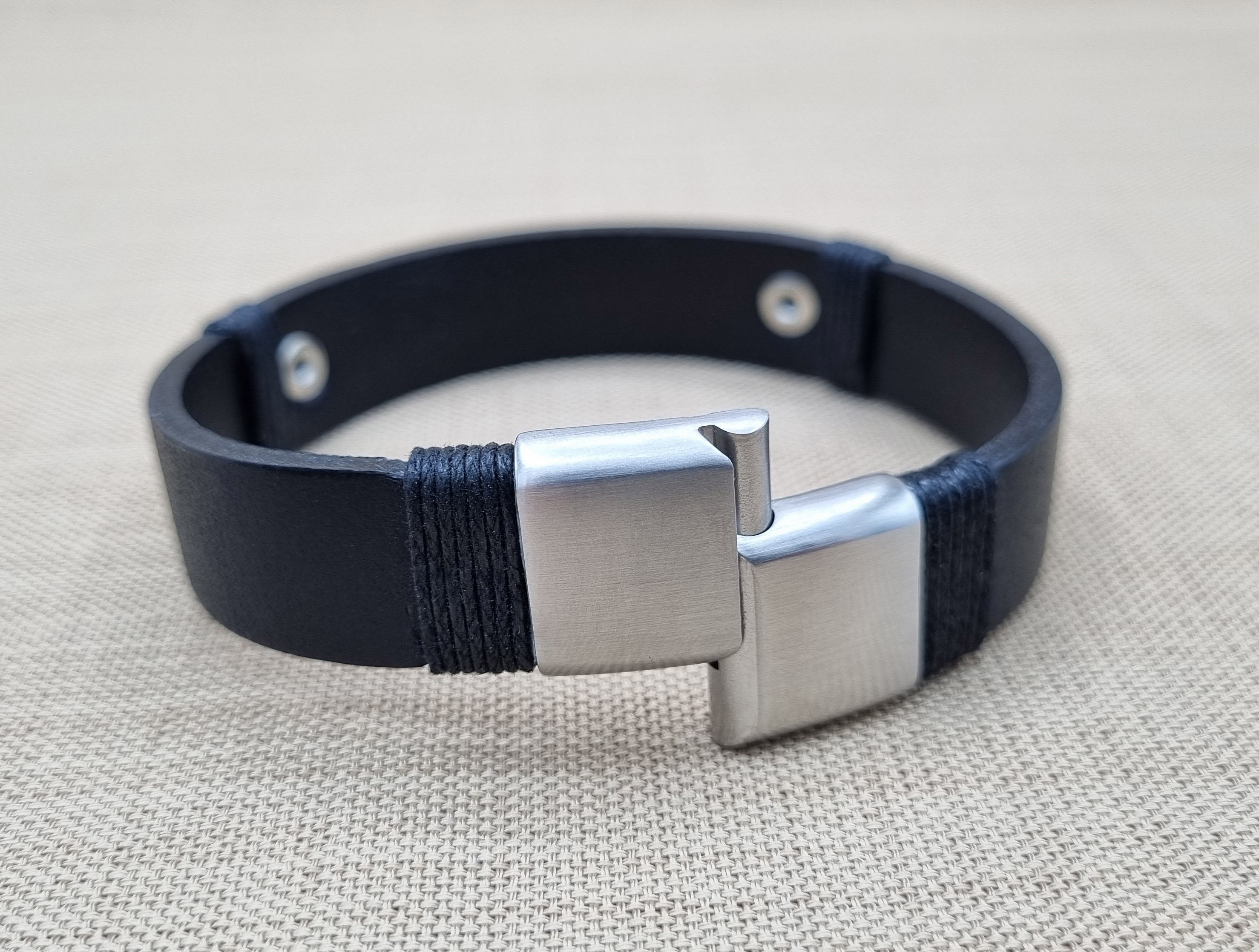 Personalized Memorial Military Leather Bracelet for Men, Deep Laser Engraved Black or Silver Stainless Steel Leather Bracelets