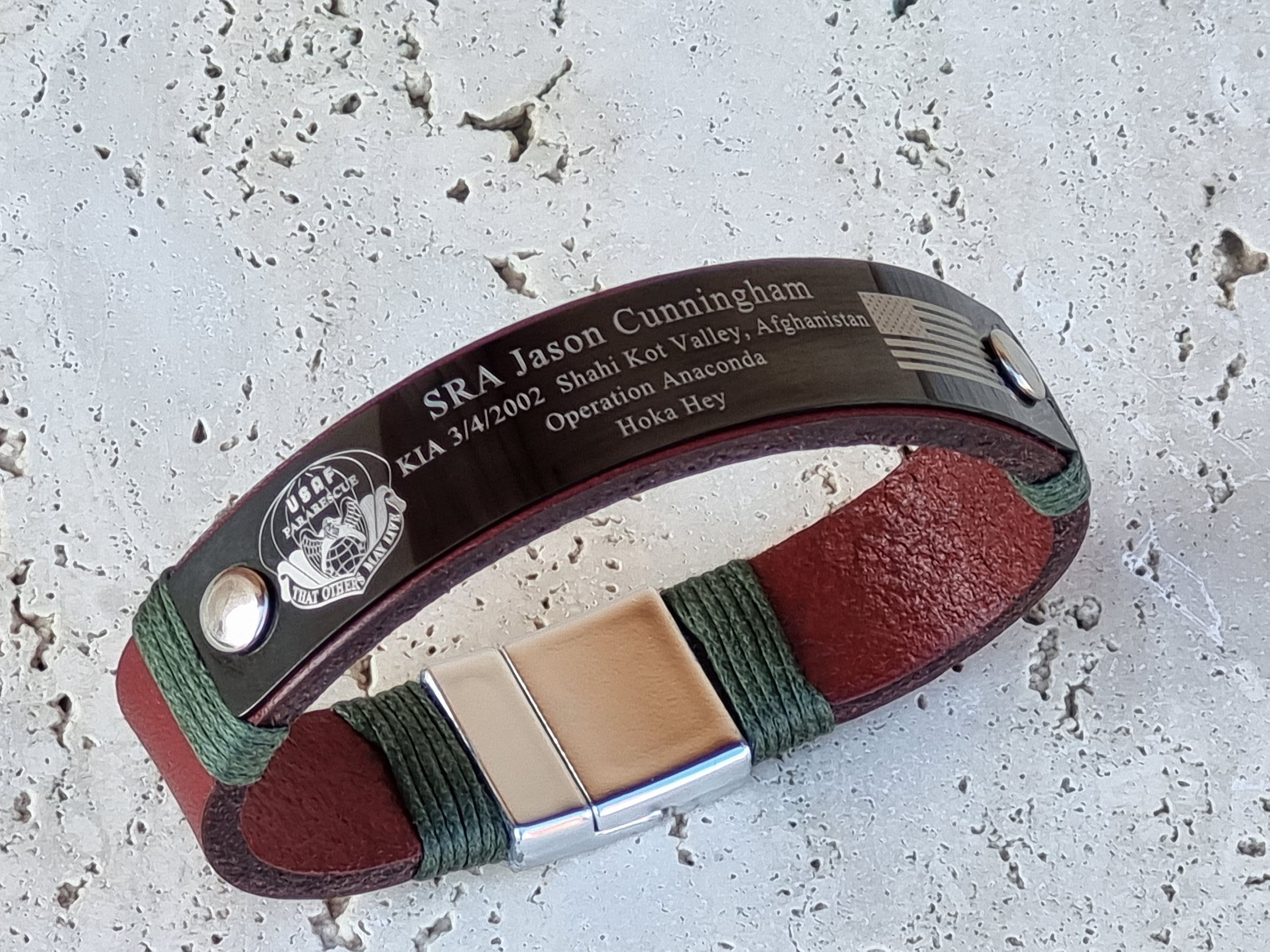 Personalized Memorial Military Leather Bracelet for Men, Deep Laser Engraved Black or Silver Stainless Steel Leather Bracelets