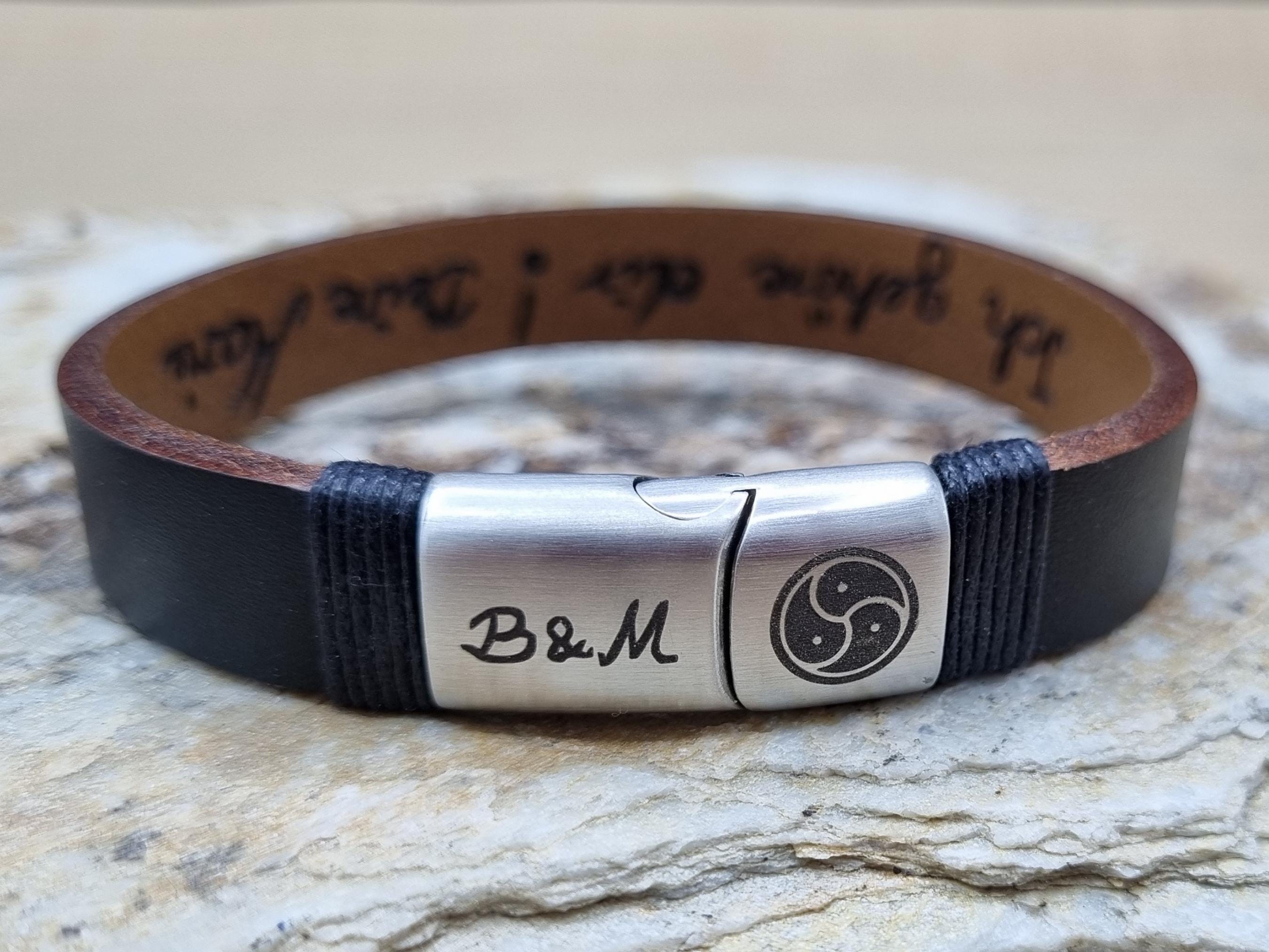 Actual Handwriting or Text Message Engraved Leather Bracelet, Personalized 3rd Anniversary Gift For Husband