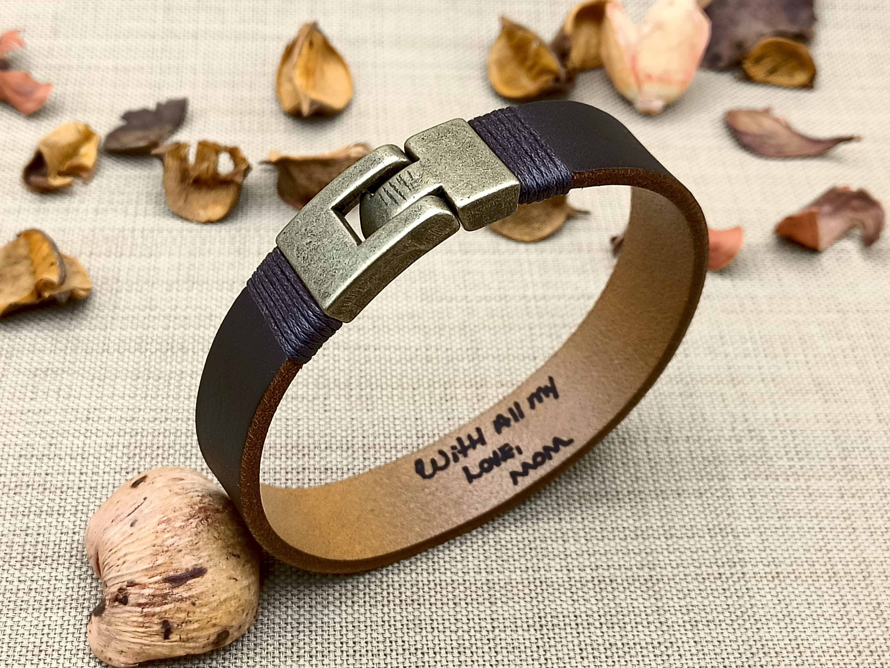 Actual Handwriting Leather Bracelet, Personalized Gift for Him, Engraved Leather Bracelet