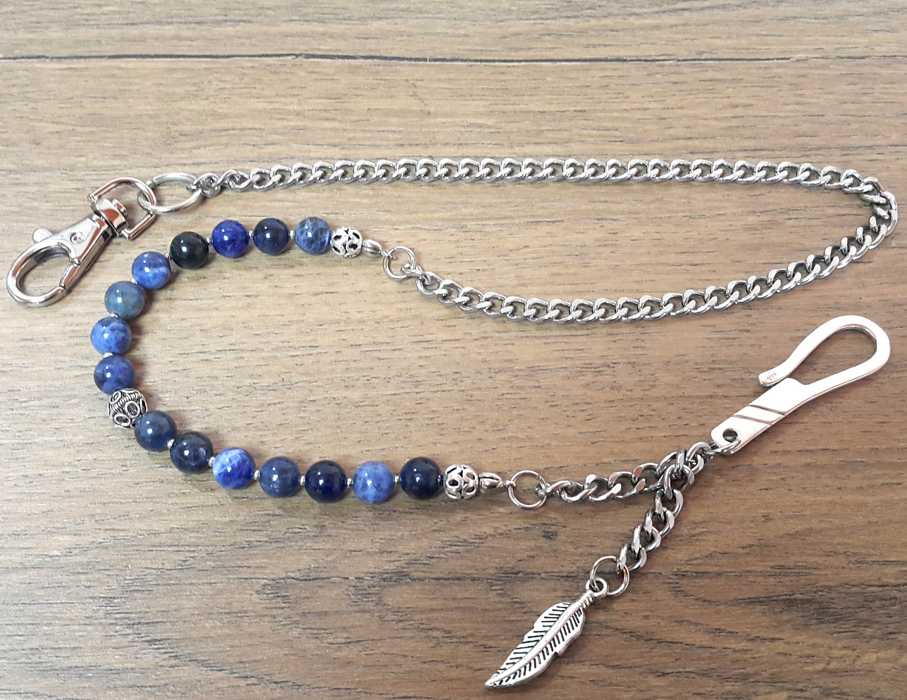 Blue Sodalite Beaded Wallet Chain, Mens Accessories, Beaded Wallet Chain, .925 Sterling Silver Handmade Hook, Spirituality and Freedom