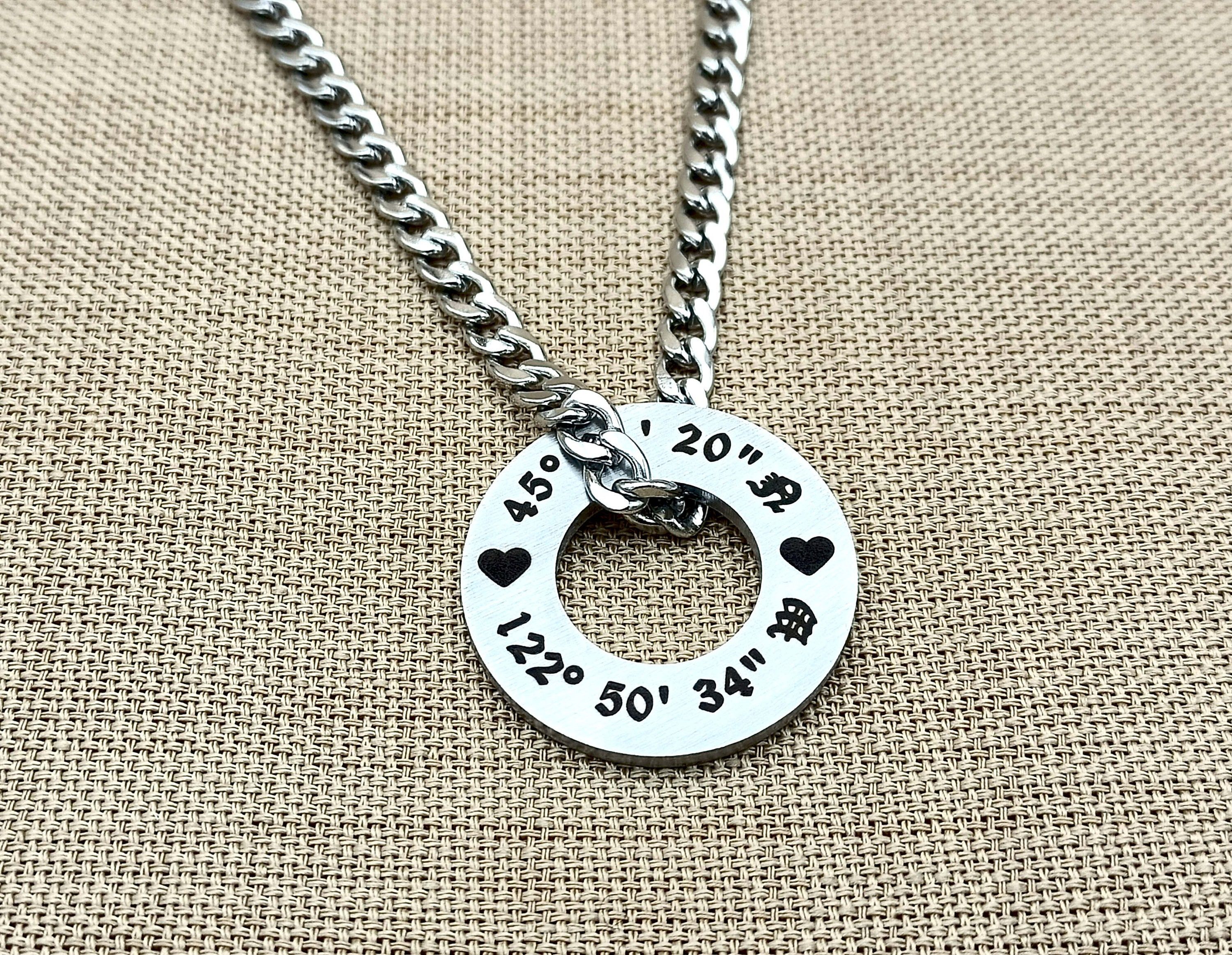 Coordinates Necklace for Men – Custom GPS Washer Necklace – Engraved Gift
