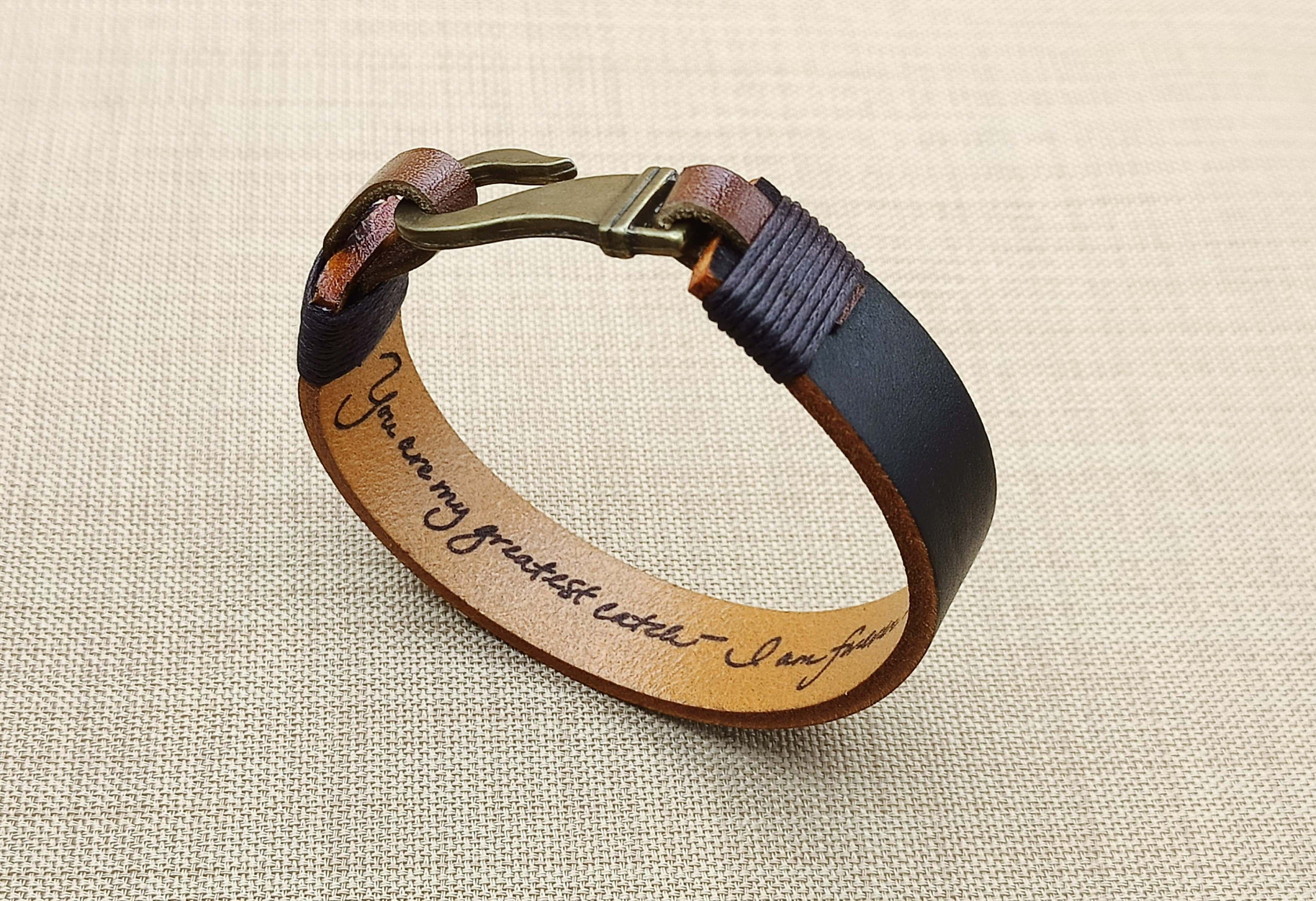 Actual Handwriting Engraved Leather Hook Bracelet, Custom Handwriting Bracelet, Personalized Gift for Him, Signature Bracelet