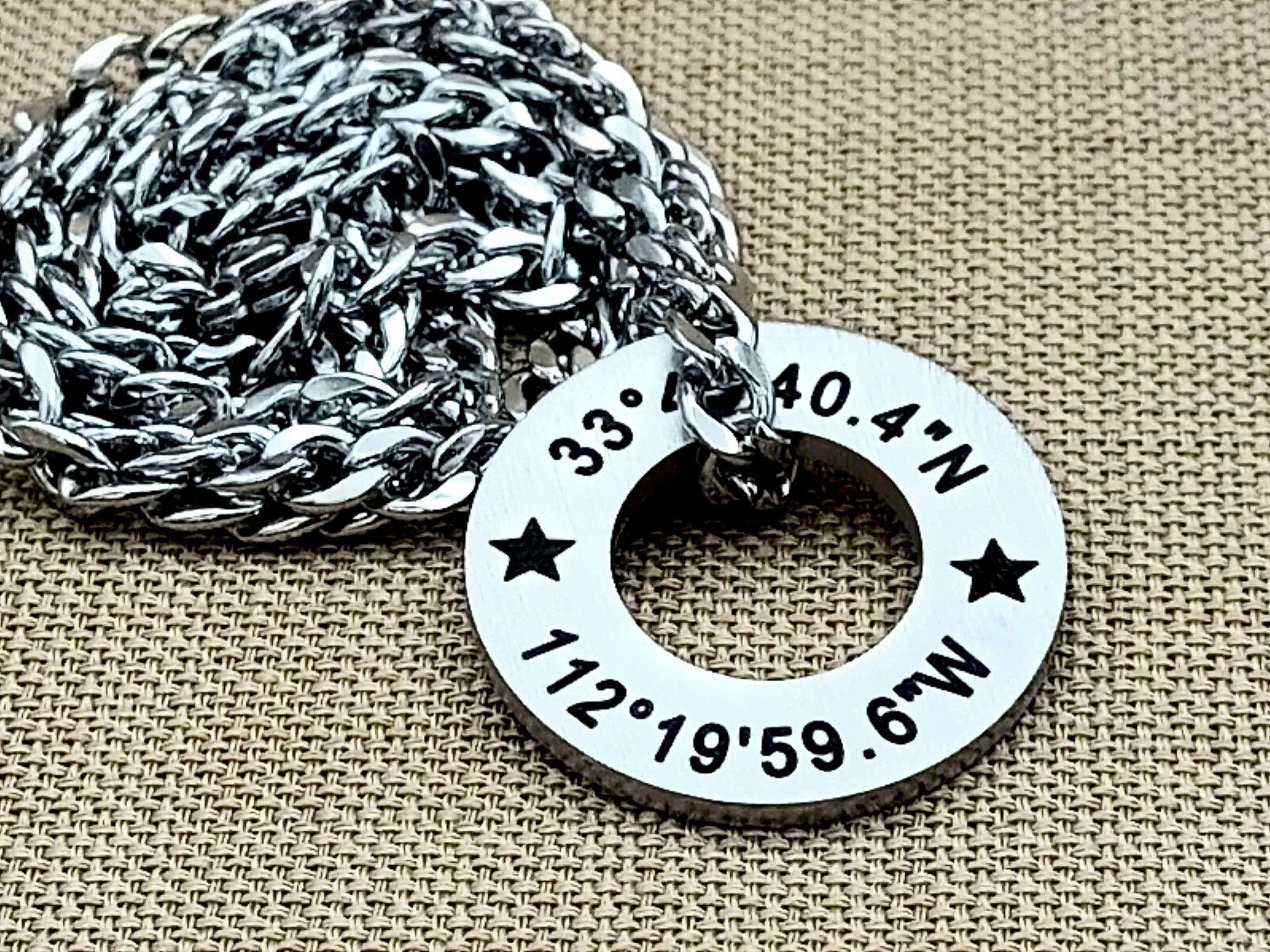 Coordinates Necklace for Men – Custom GPS Washer Necklace – Engraved Gift