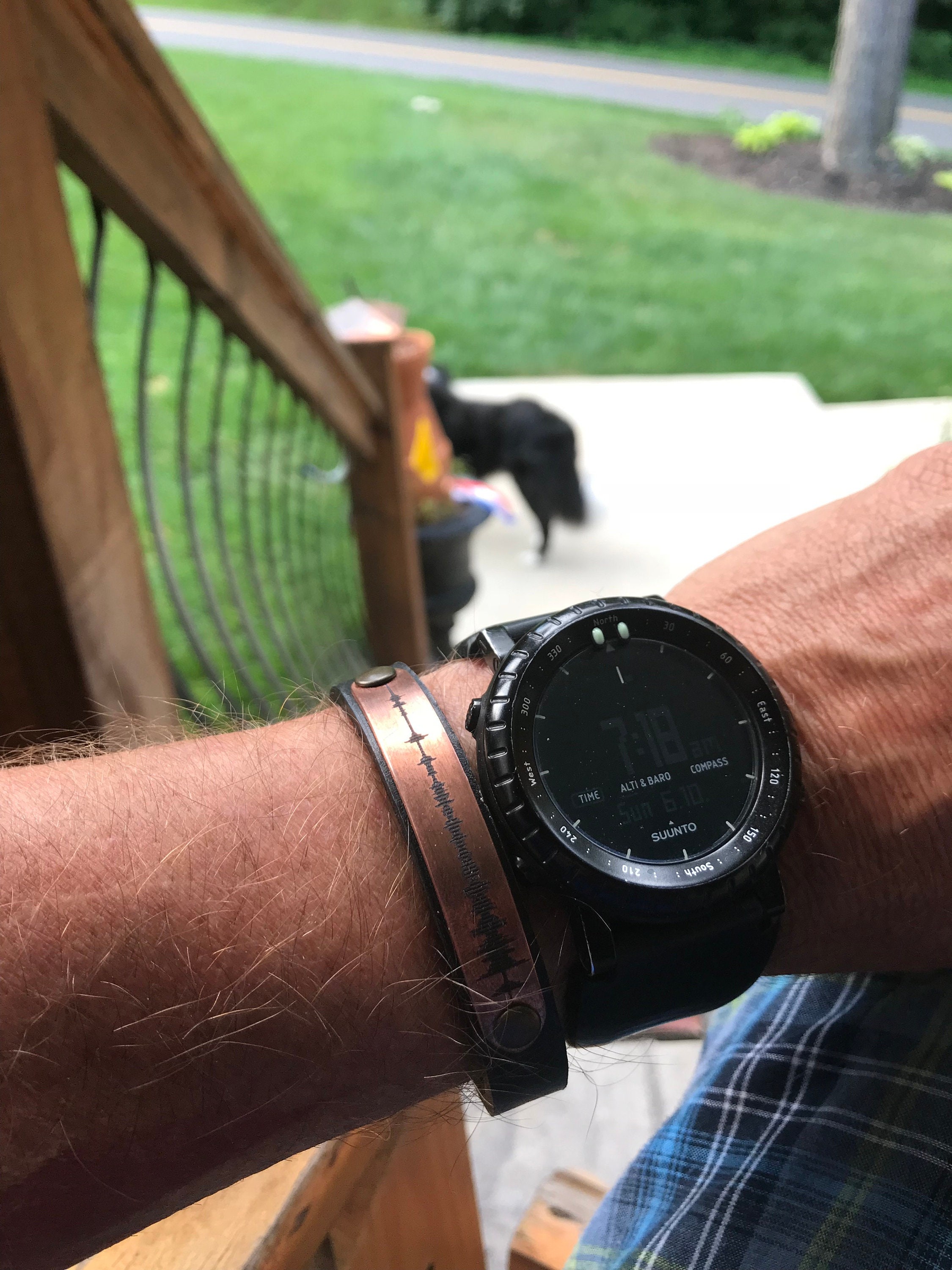 7th Anniversary Copper & Leather Bracelet | Personalized Deep Engraved Soundwave, Handwriting, Coordinates, Morse Code, or Text Message
