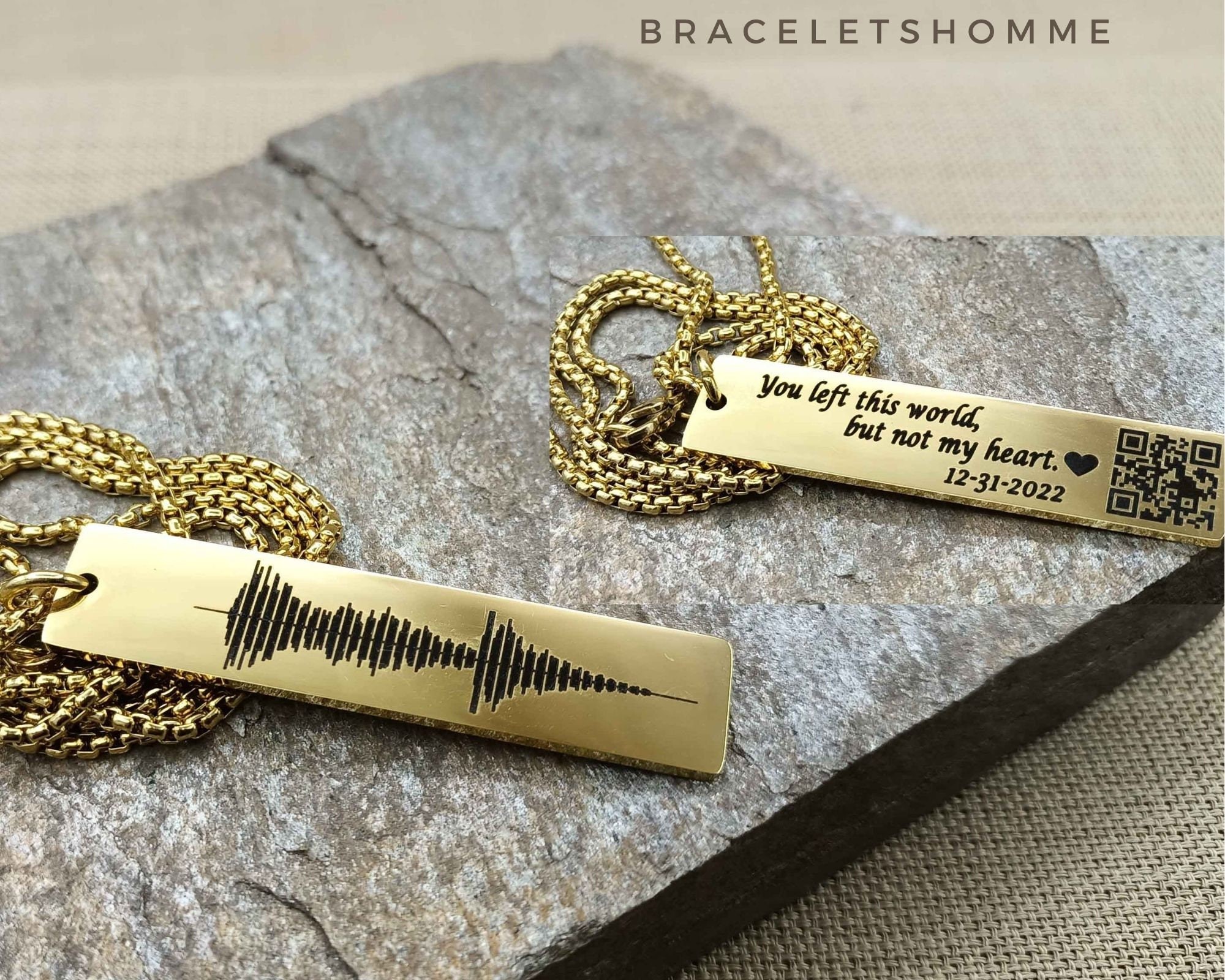 Personalized Soundwave Art Necklace, Mens QR Code Necklace, Engraved 14K Gold Soundwave Jewellery, Custom Voice Recording Gift for Him