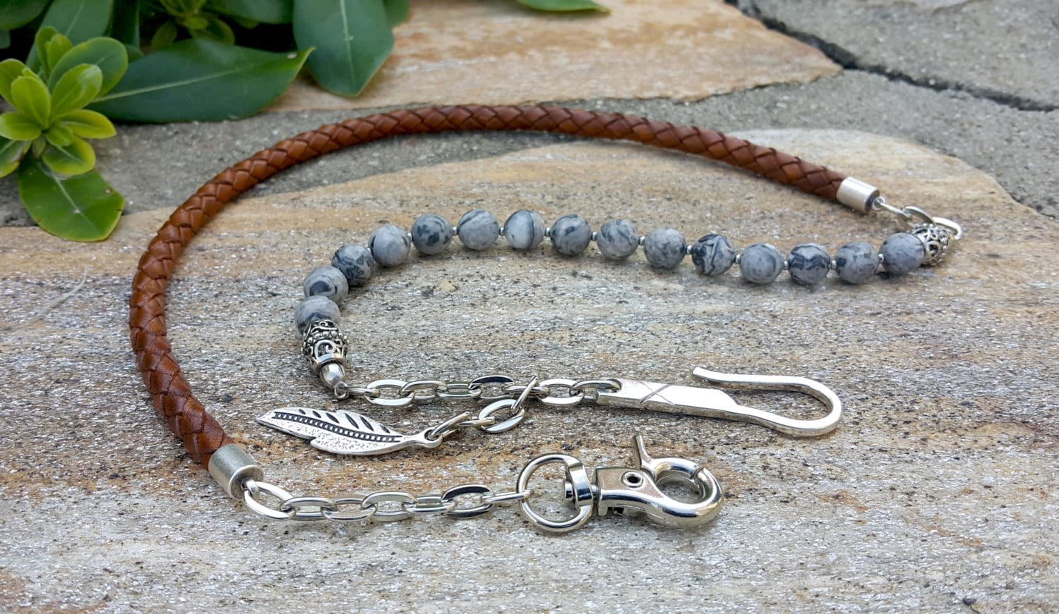 Trail Spirit – Braided Leather Wallet Chain with Jasper Beads