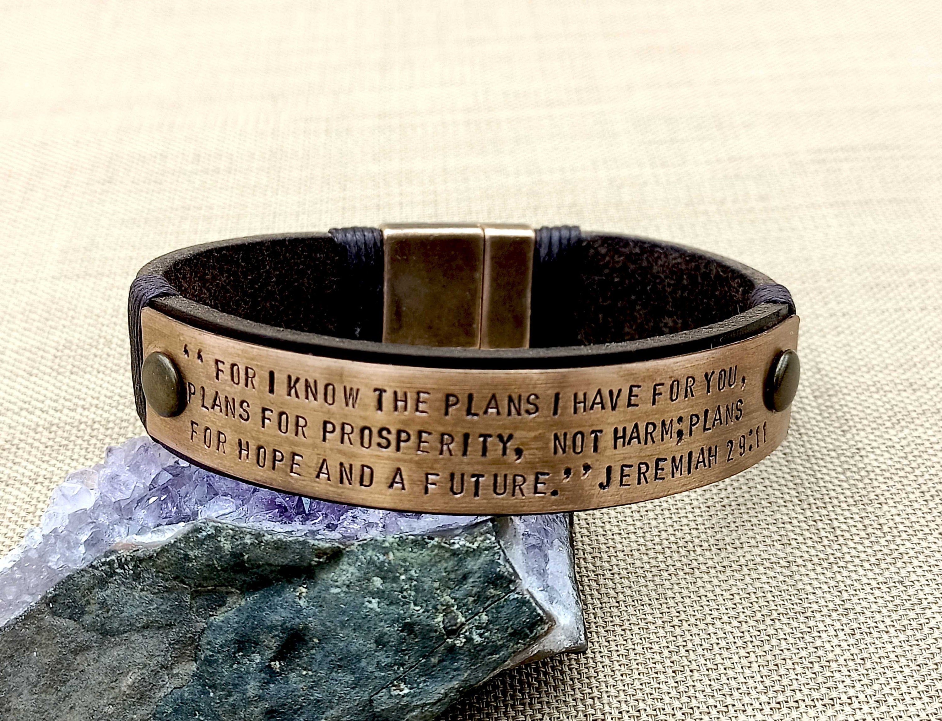 Christian Gift for Mens, Pick your Bible Verse Hand Stamped Copper Bracelet, Leather Scripture Cuff, Bible Quotes, Confirmation Gift
