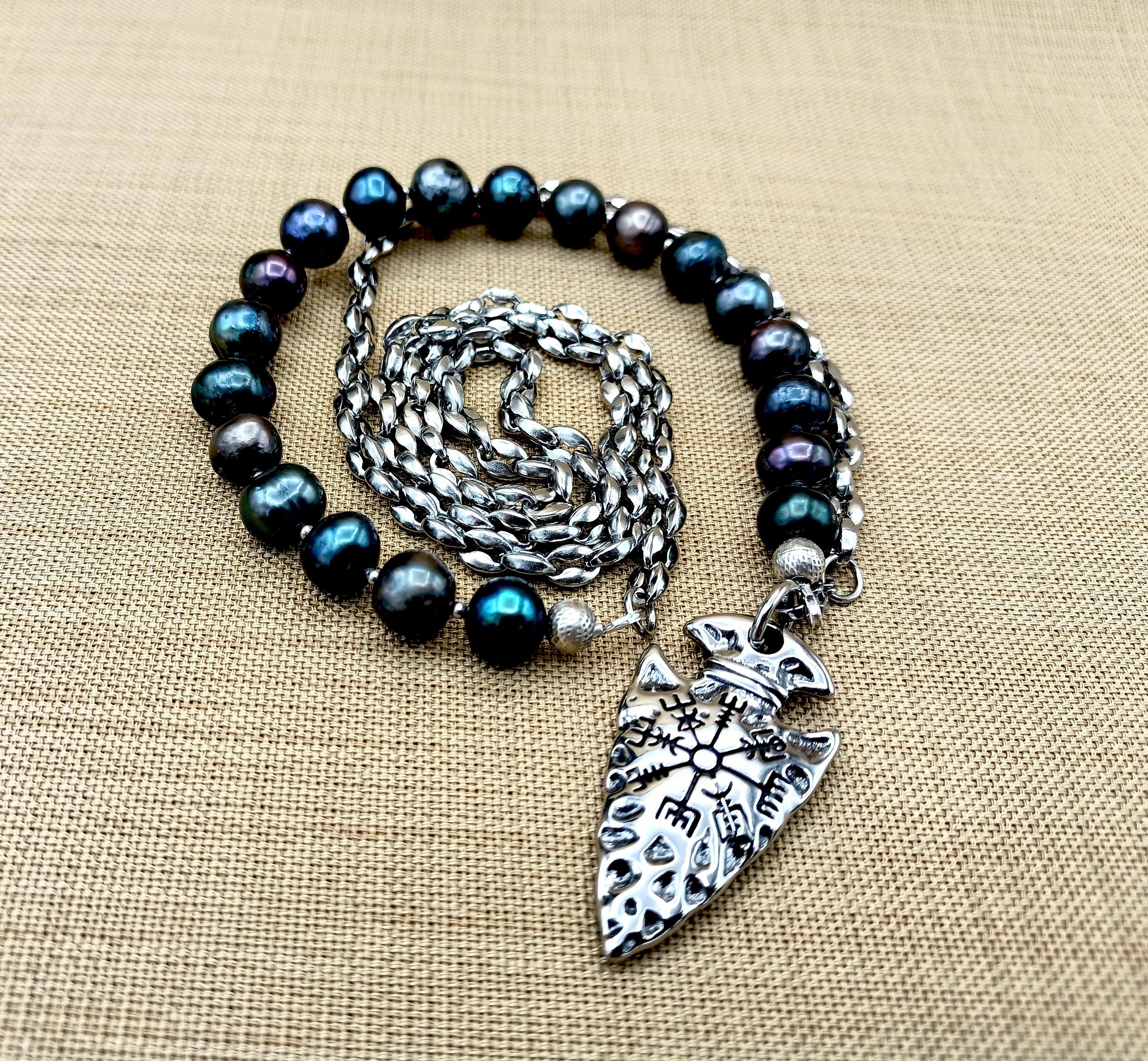 Natural Black Pearl Chain Necklace, Nordic Necklace, Stainless Steel Viking Spearhead Compass Pendant Necklace